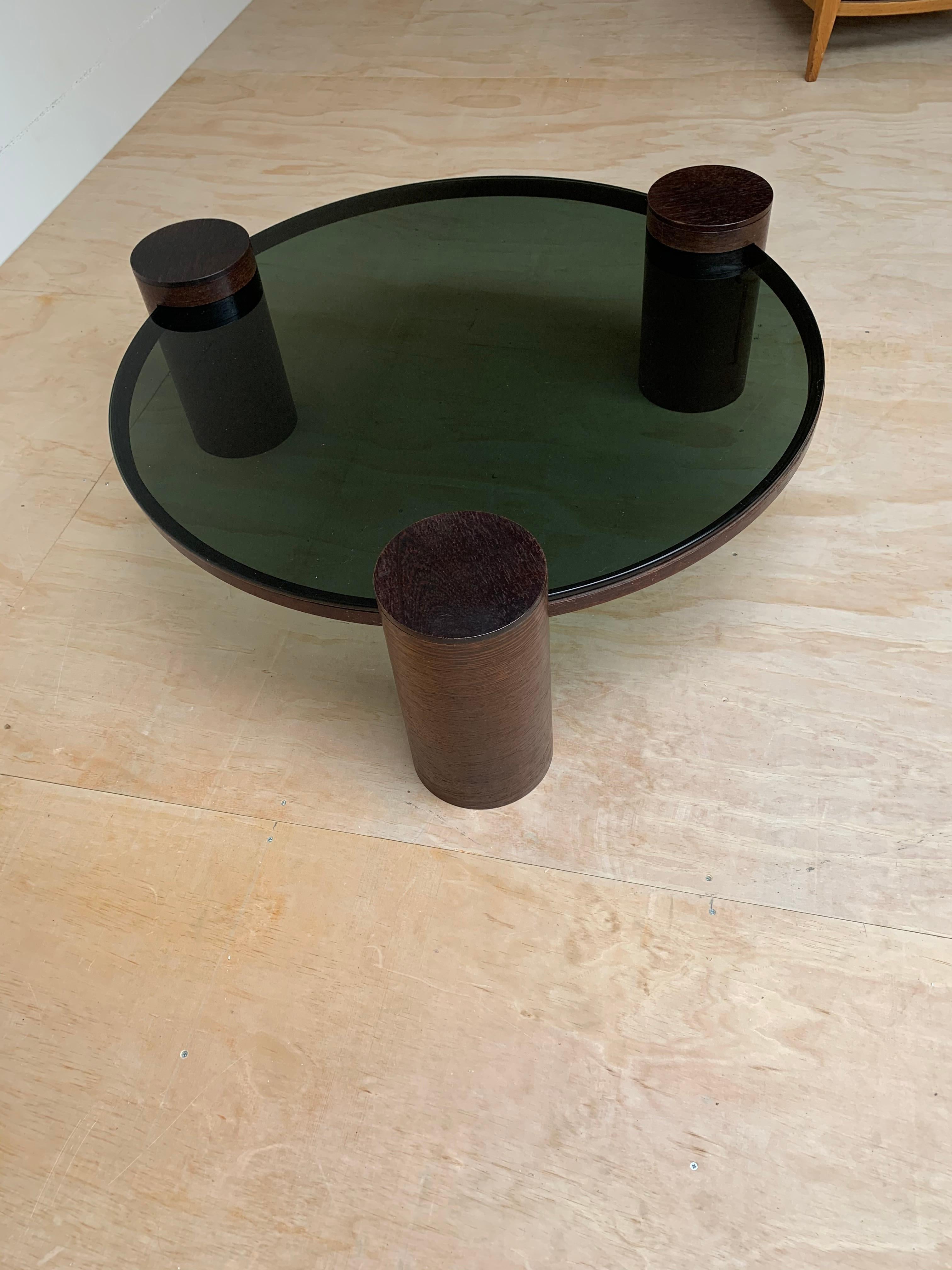 Unique Midcentury Modern Smoked Green Glass Coffee Table w Three Wooden Columns For Sale 7