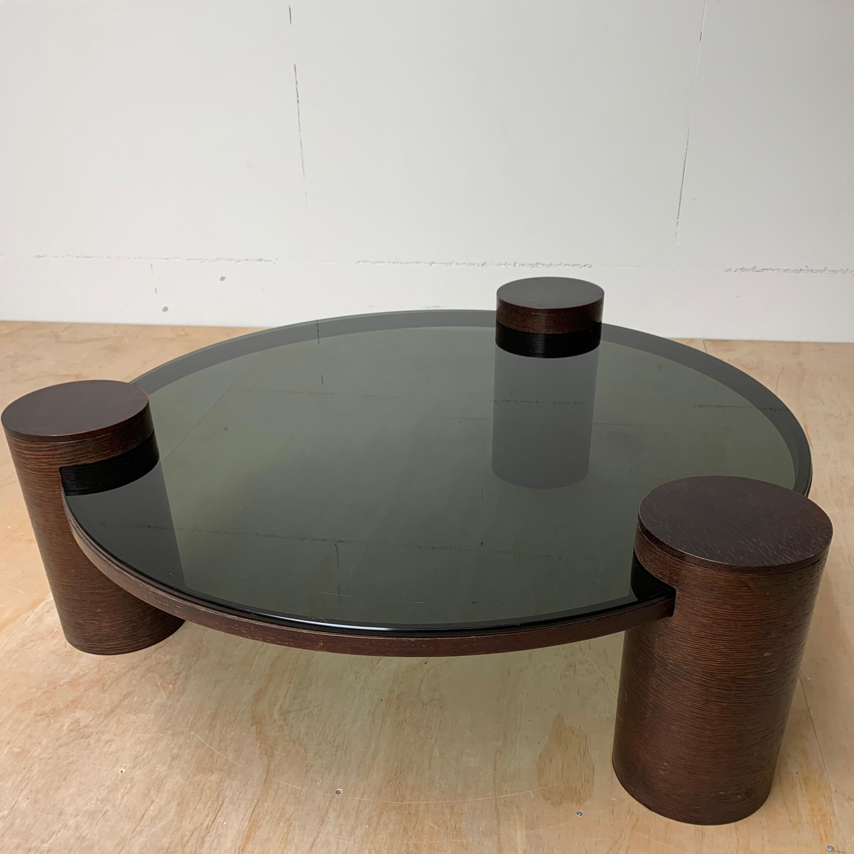 Unique Midcentury Modern Smoked Green Glass Coffee Table w Three Wooden Columns For Sale 8