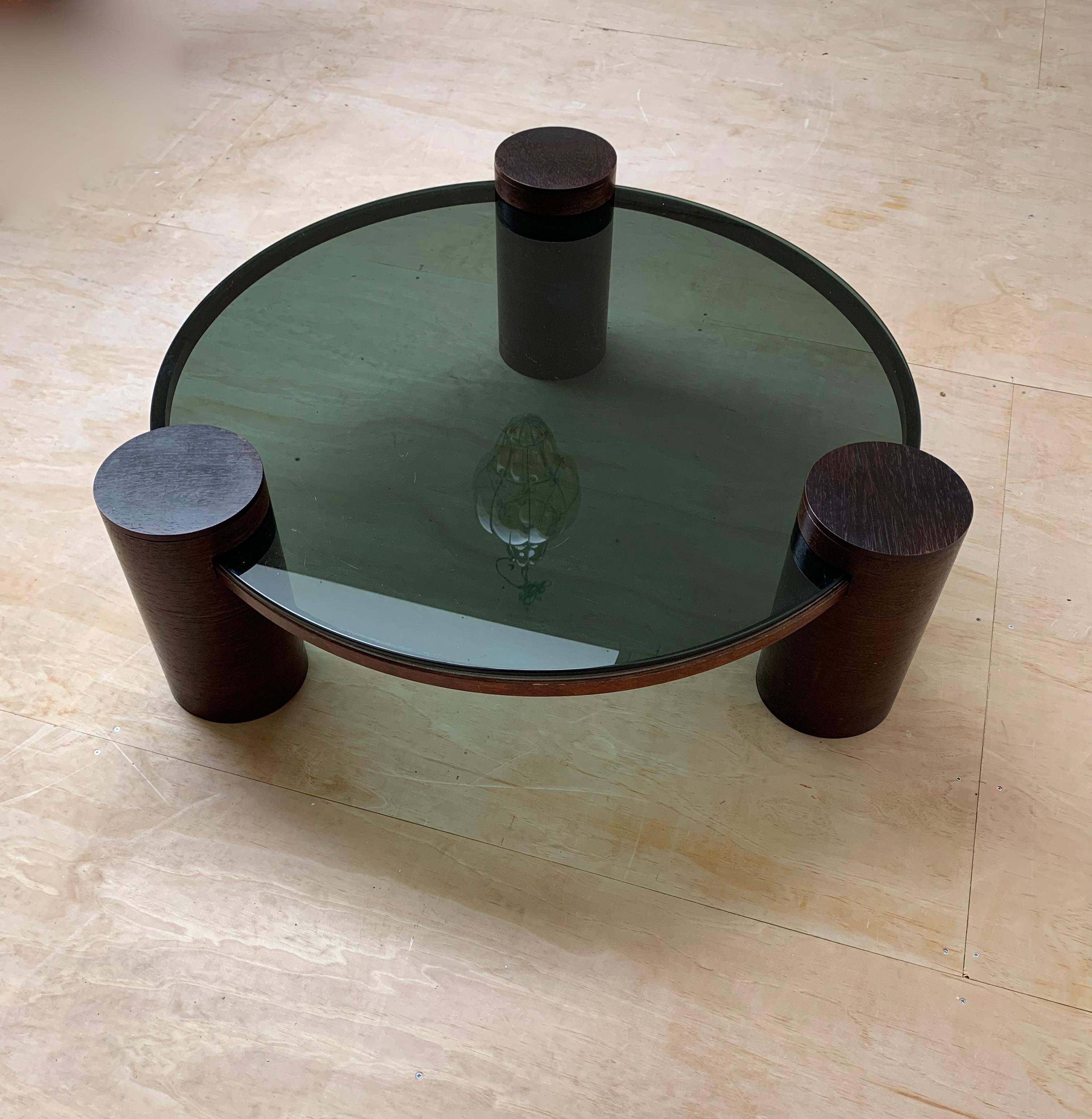 Unique Midcentury Modern Smoked Green Glass Coffee Table w Three Wooden Columns For Sale 9