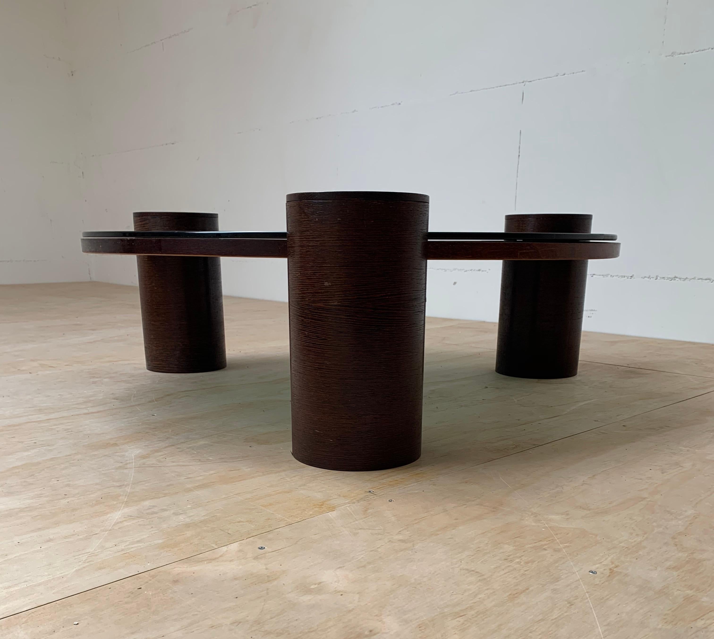 Unique Midcentury Modern Smoked Green Glass Coffee Table w Three Wooden Columns For Sale 10