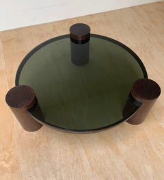 Unique Midcentury Modern Smoked Green Glass Coffee Table w Three Wooden Columns