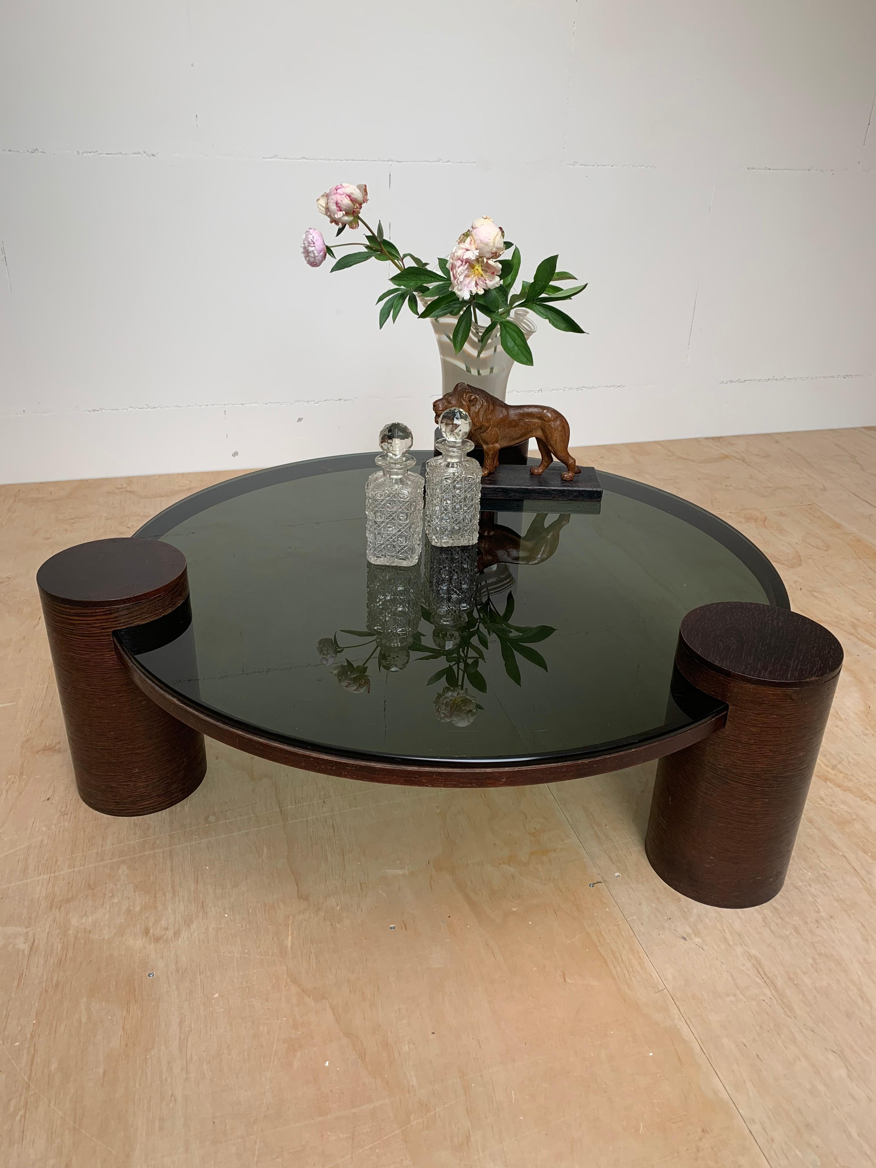 European Unique Midcentury Modern Smoked Green Glass Coffee Table w Three Wooden Columns For Sale