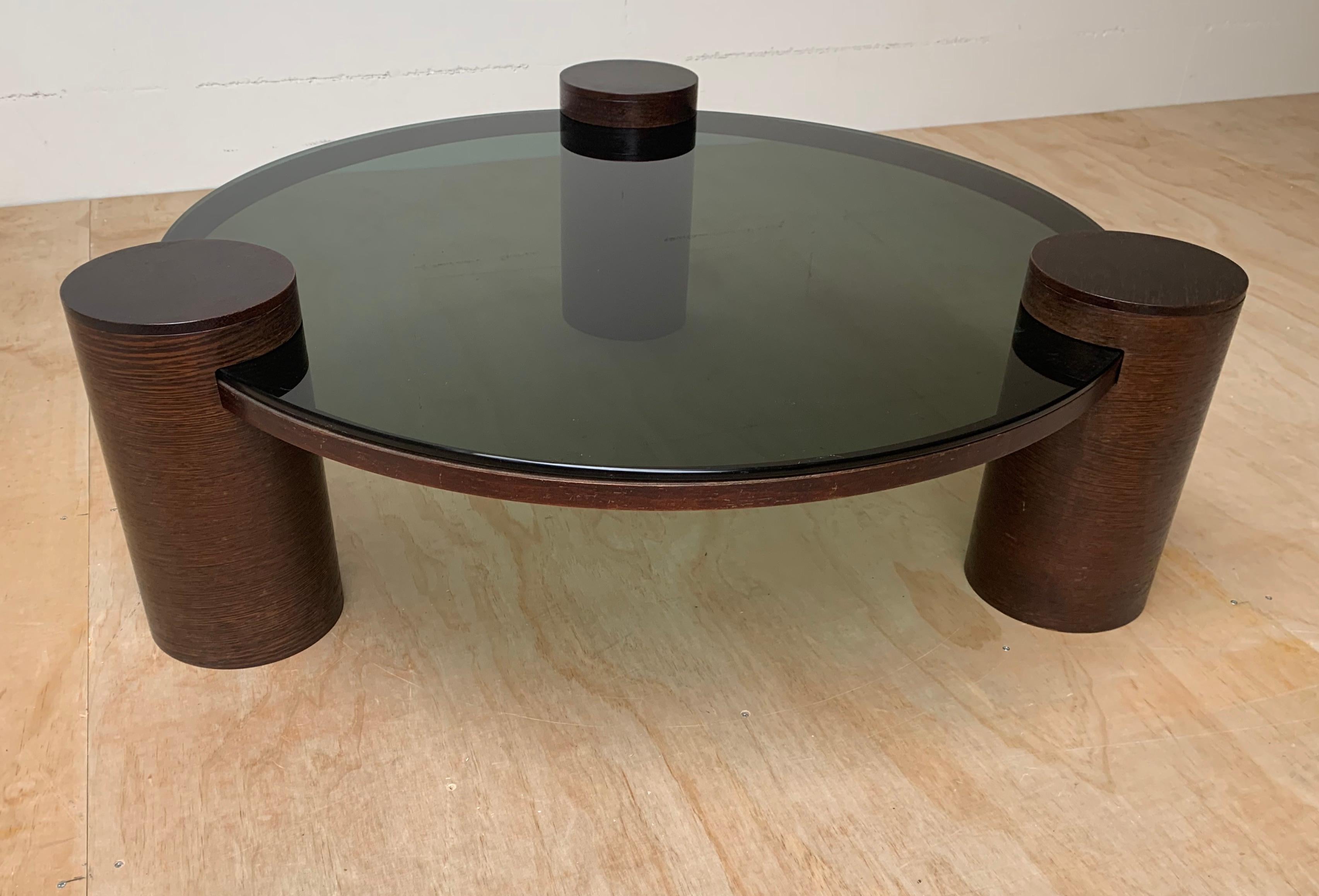 Hand-Crafted Unique Midcentury Modern Smoked Green Glass Coffee Table w Three Wooden Columns For Sale