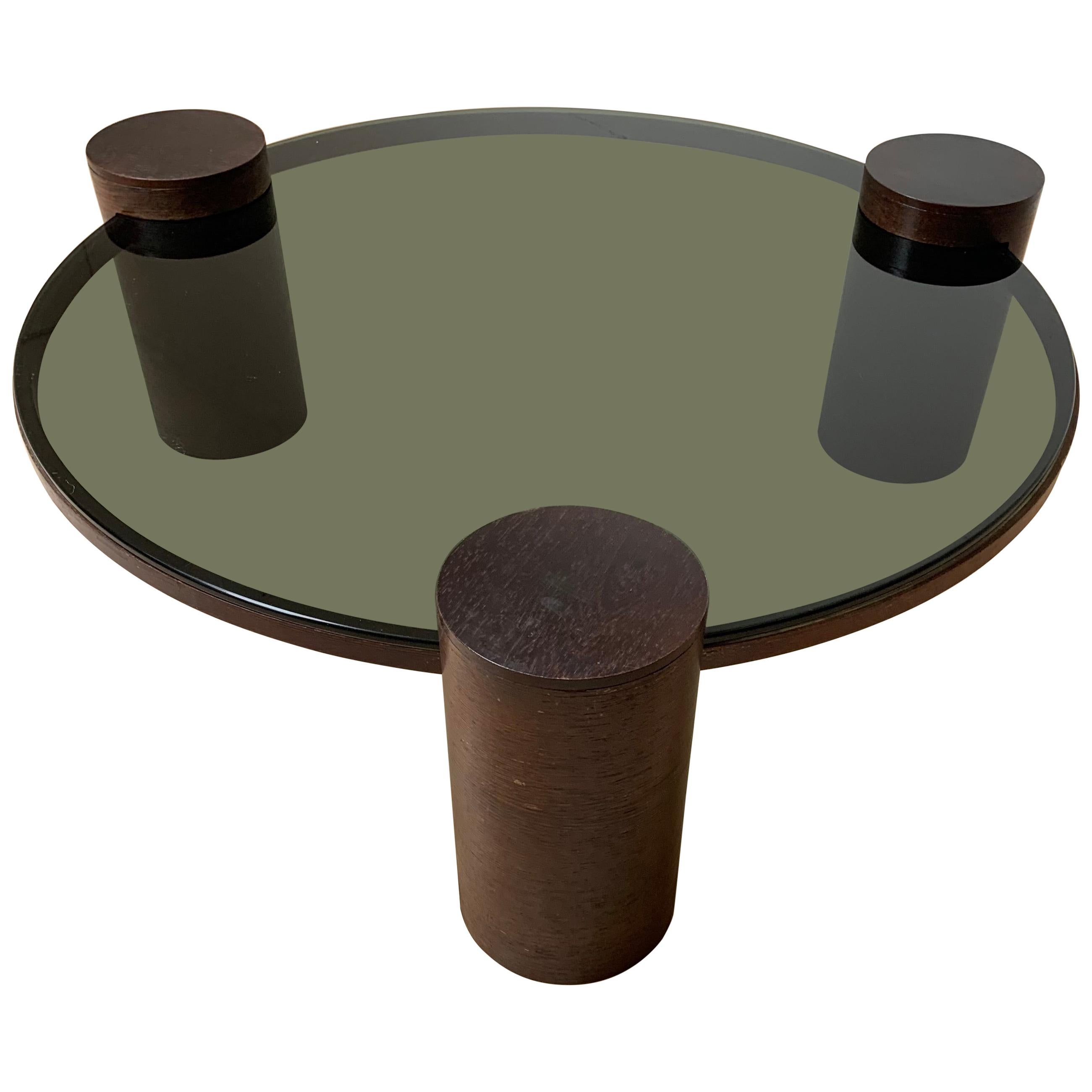 Unique Midcentury Modern Smoked Green Glass Coffee Table w Three Wooden Columns For Sale