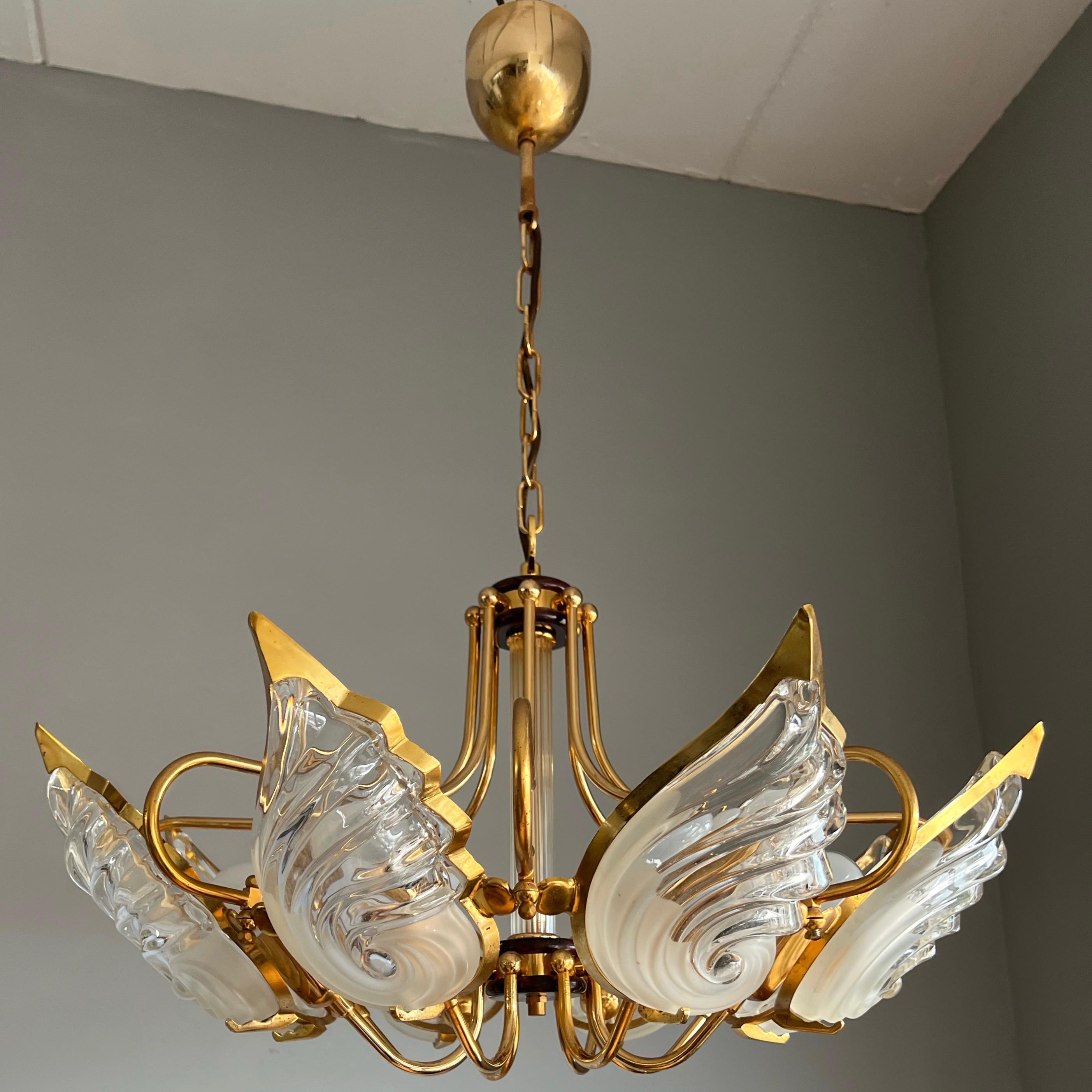 Art Deco Rare Midcentury Murano Chandelier / Pendant w. Golden Bronze & Glass Art Shades