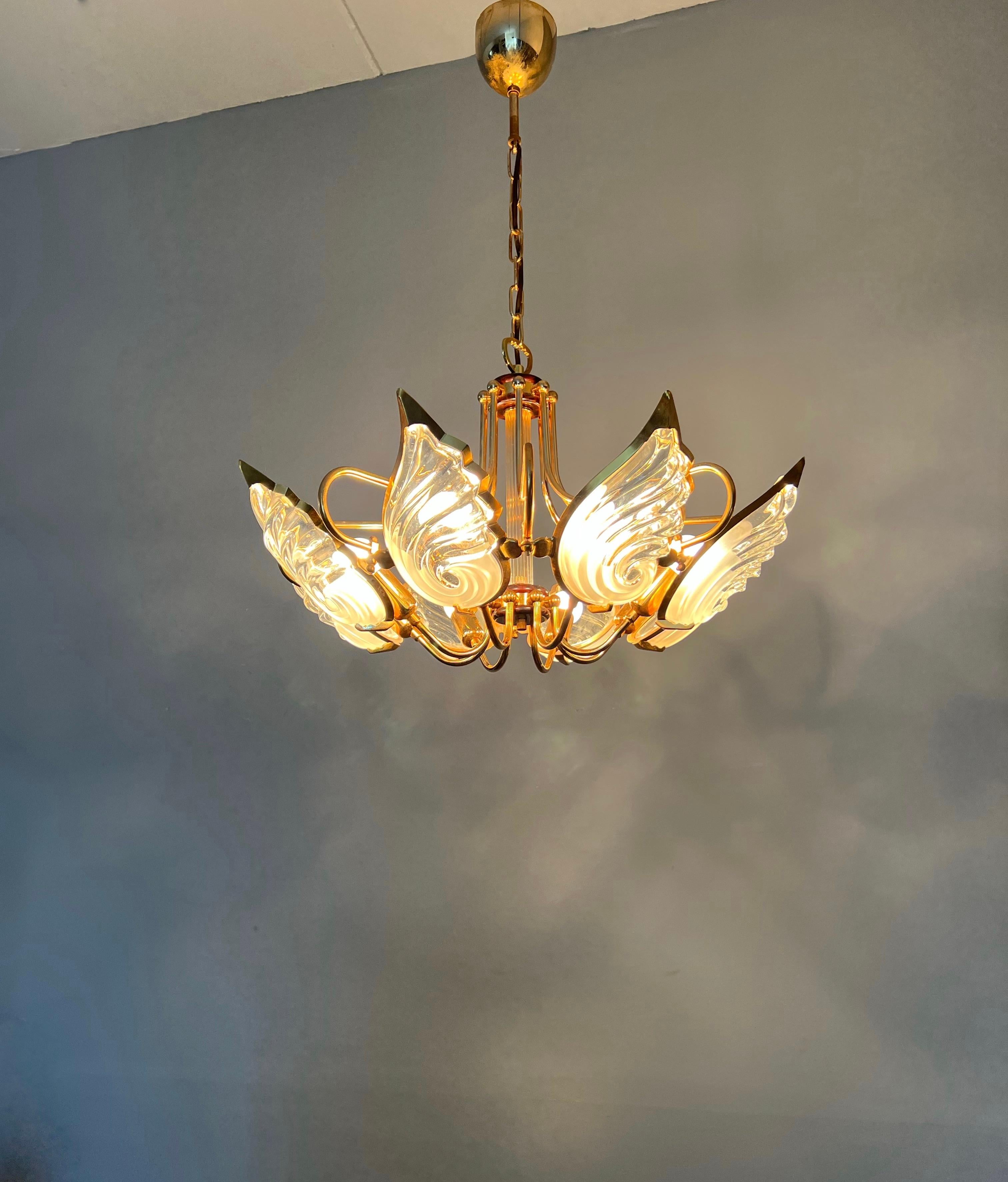 Italian Rare Midcentury Murano Chandelier / Pendant w. Golden Bronze & Glass Art Shades