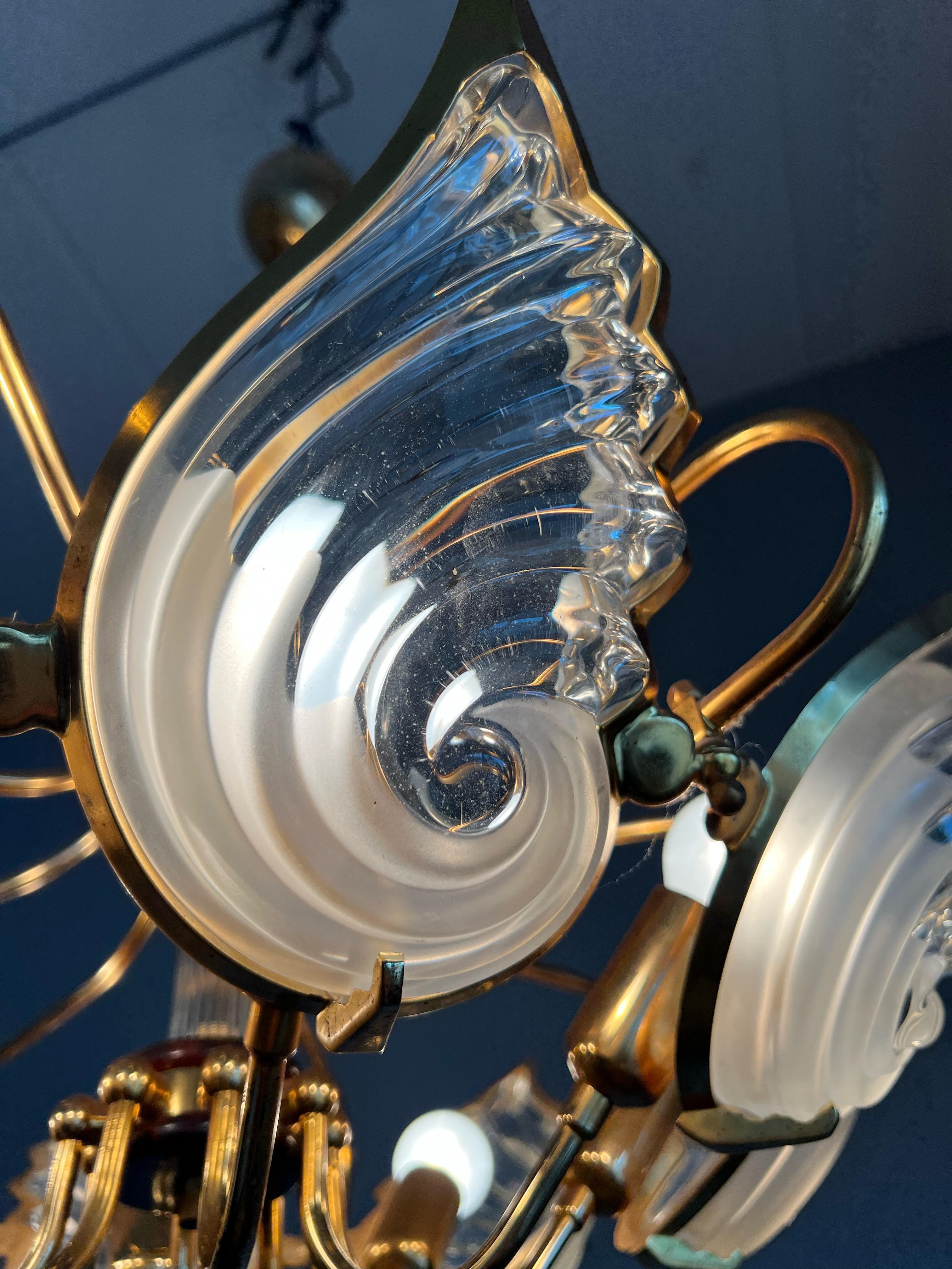 Rare Midcentury Murano Chandelier / Pendant w. Golden Bronze & Glass Art Shades In Excellent Condition In Lisse, NL