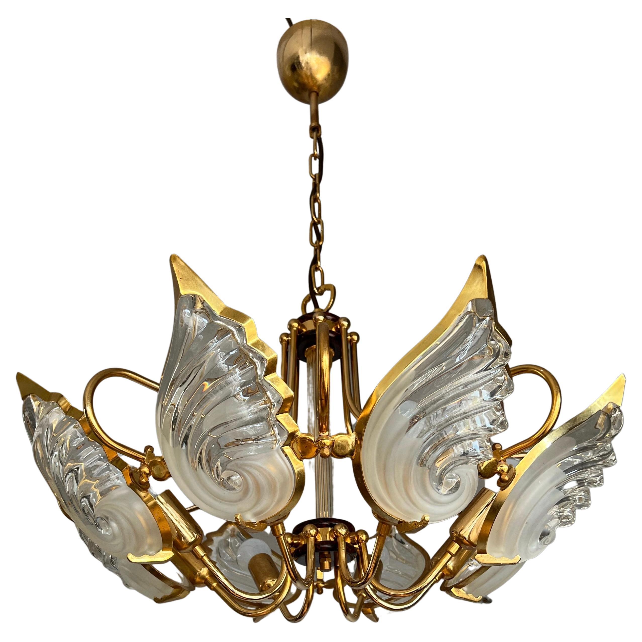 Rare Midcentury Murano Chandelier / Pendant w. Golden Bronze & Glass Art Shades