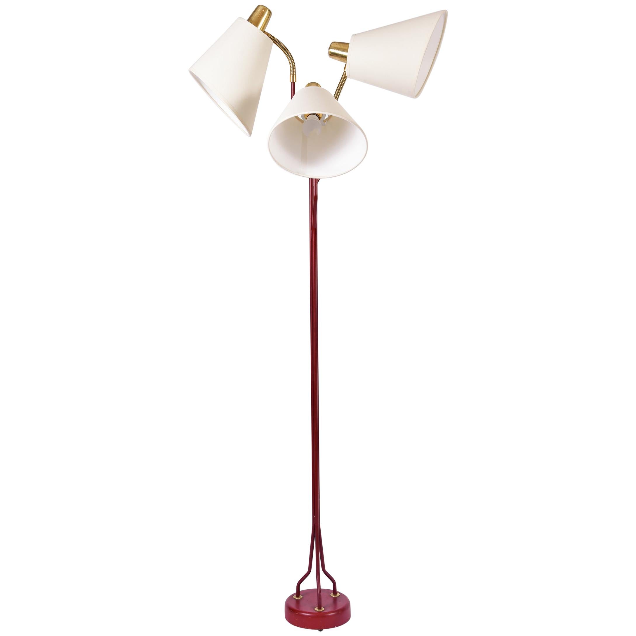 Rare Midcentury Oxblood Red Enamelled Iron and Brass Three Light Floor Lamp
