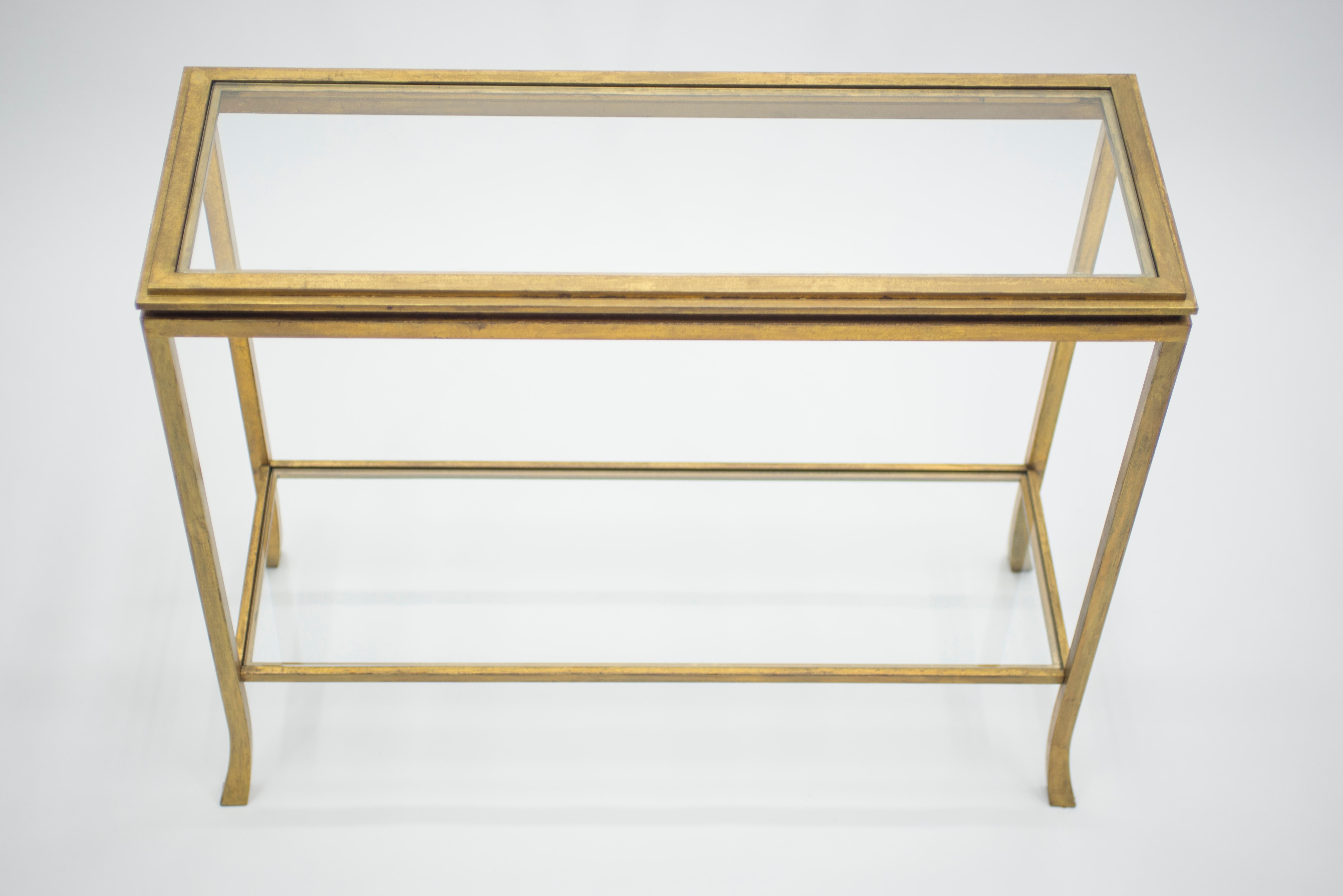 French Rare Mid Century Robert Thibier Gilt Wrought Iron Gold Leaf Console Table, 1960s