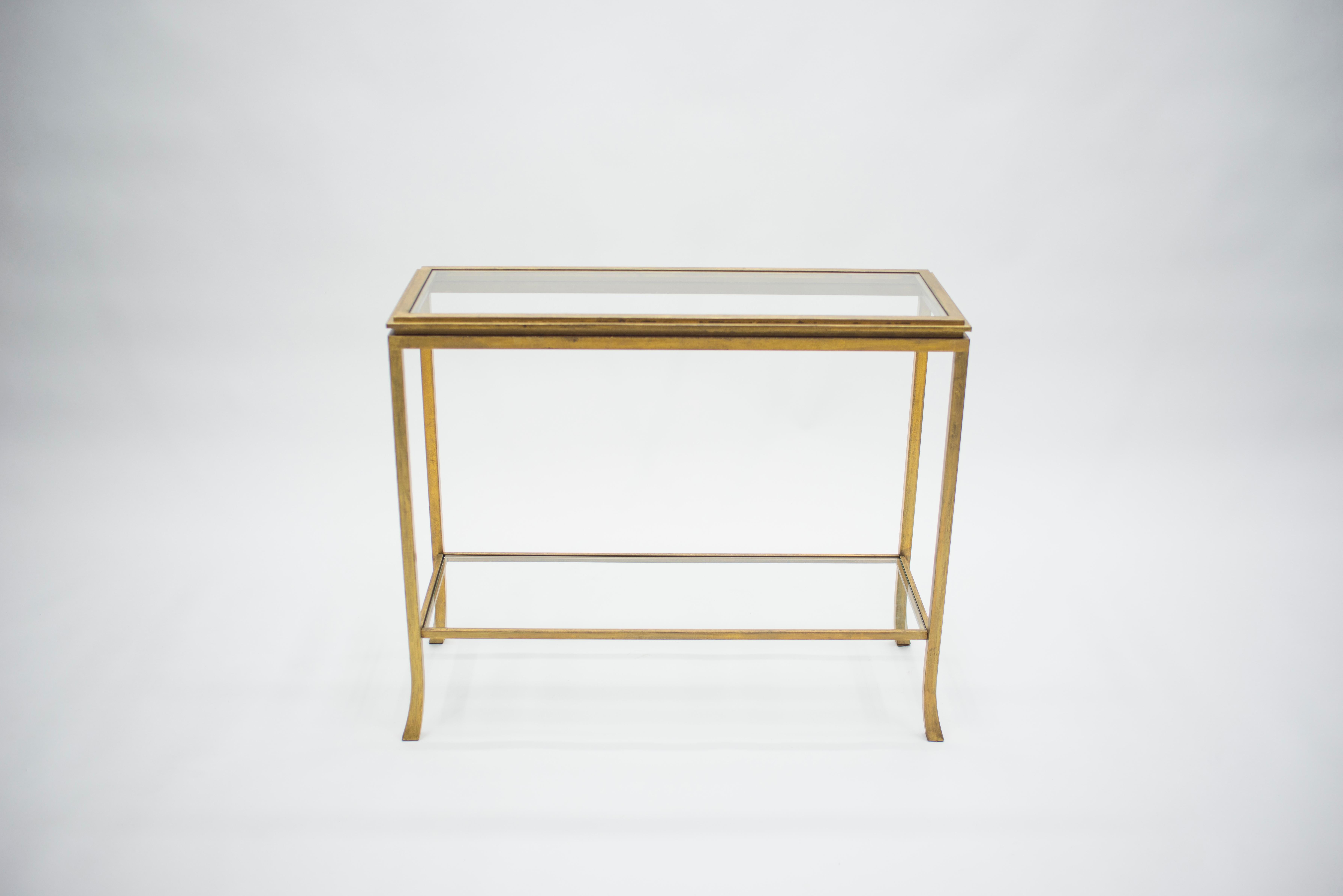 Glass Rare Mid Century Robert Thibier Gilt Wrought Iron Gold Leaf Console Table, 1960s
