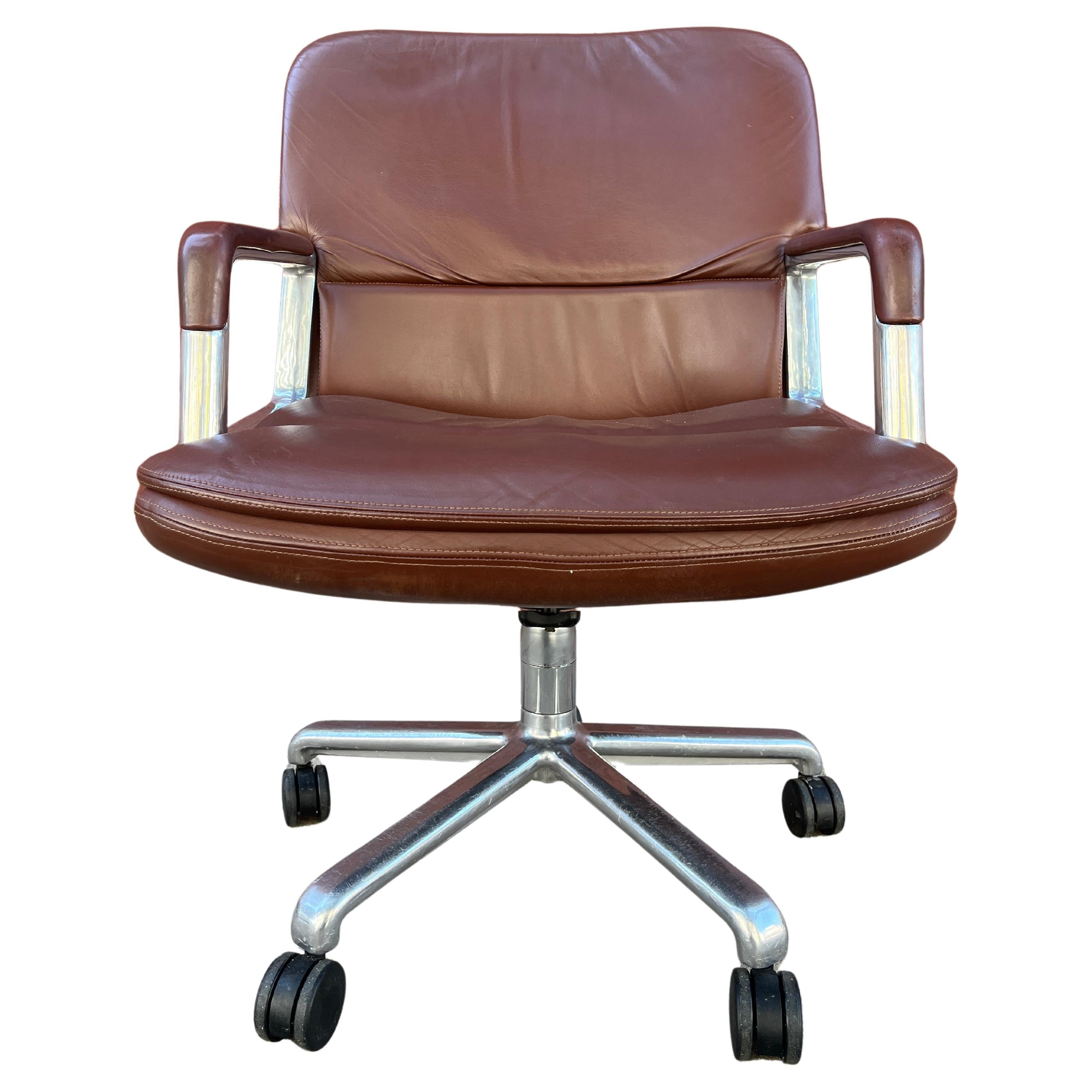 Premium leather with beautiful stitching wrapped around aluminum frame. Unique brown leather chairs for home or office. Adjustable height and tilt. Arm height 24.75 lowest position