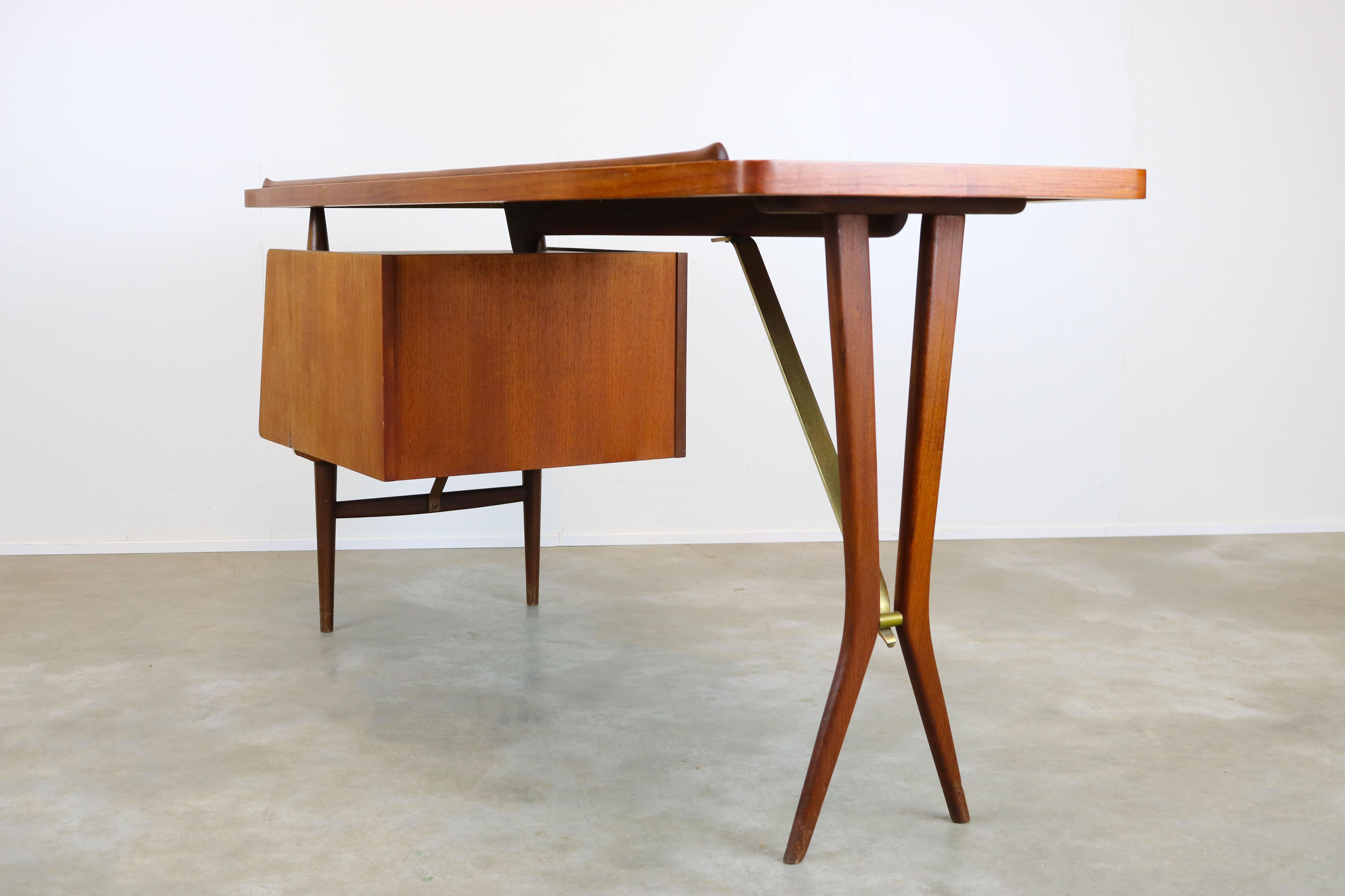 Brass Rare Midcentury Teak Desk Designed by Louis Van Teeffelen for Webe, 1950 Brown