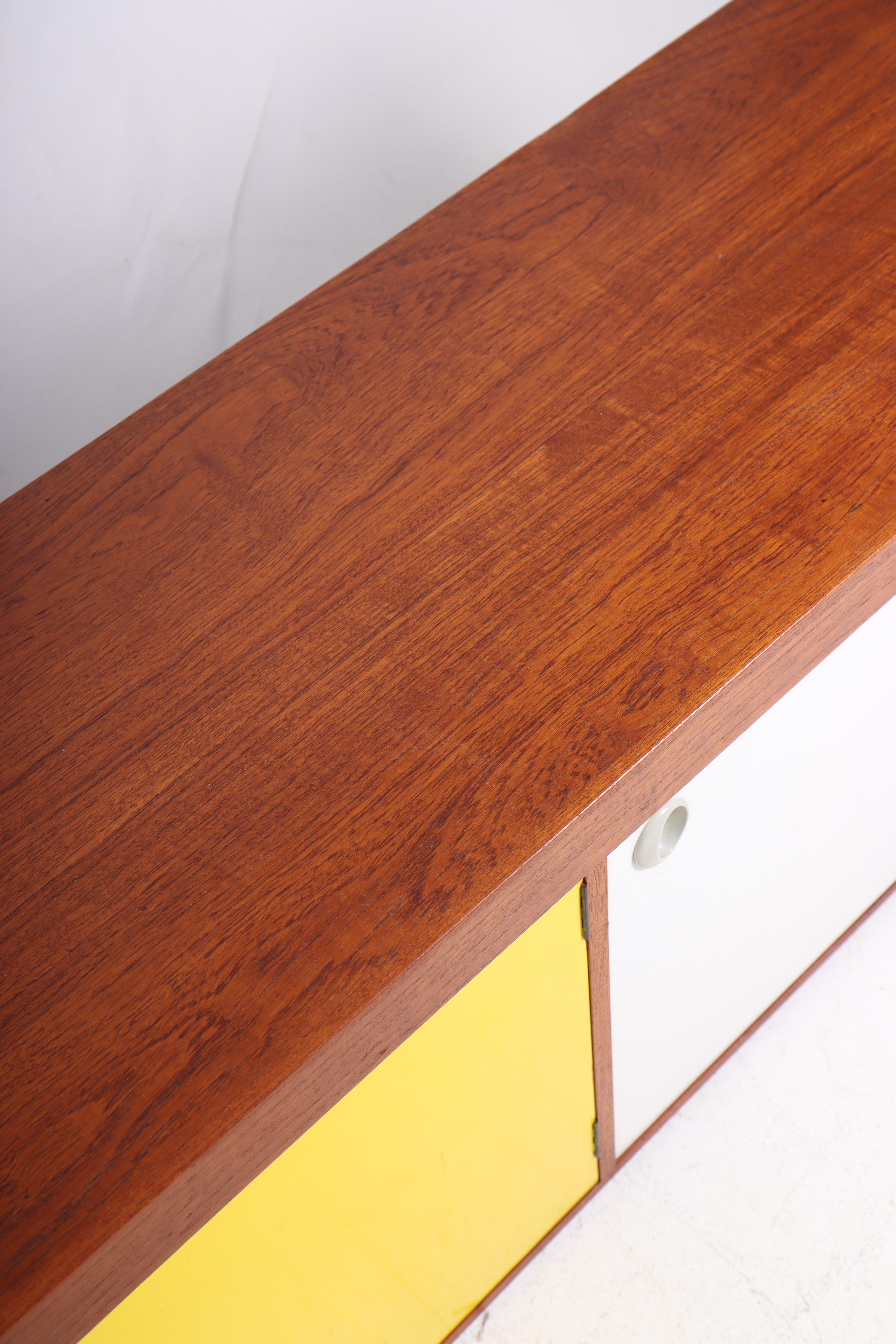 Leather Rare Midcentury Wall-Mounted Sideboard in Teak with Colored Panels