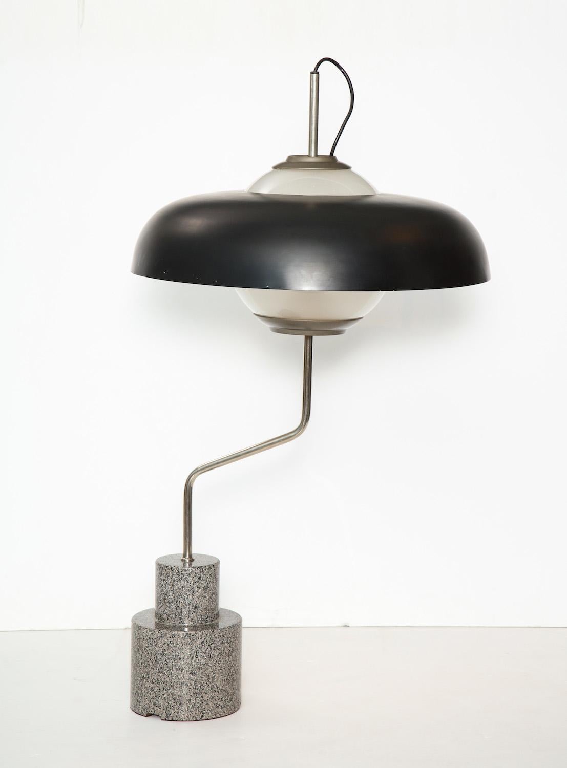 Monumental table lamp, model Lte5, produced by Azucena. Shaped granite base, chromed metal mounts and enameled aluminium shade. Three candelabra sized sockets concealed inside of a frosted glass globe.