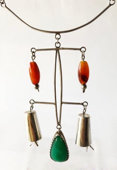 Rare Mildred Ball Sterling Chalcedony Carnelian Mobile Kinetic Bells Necklace