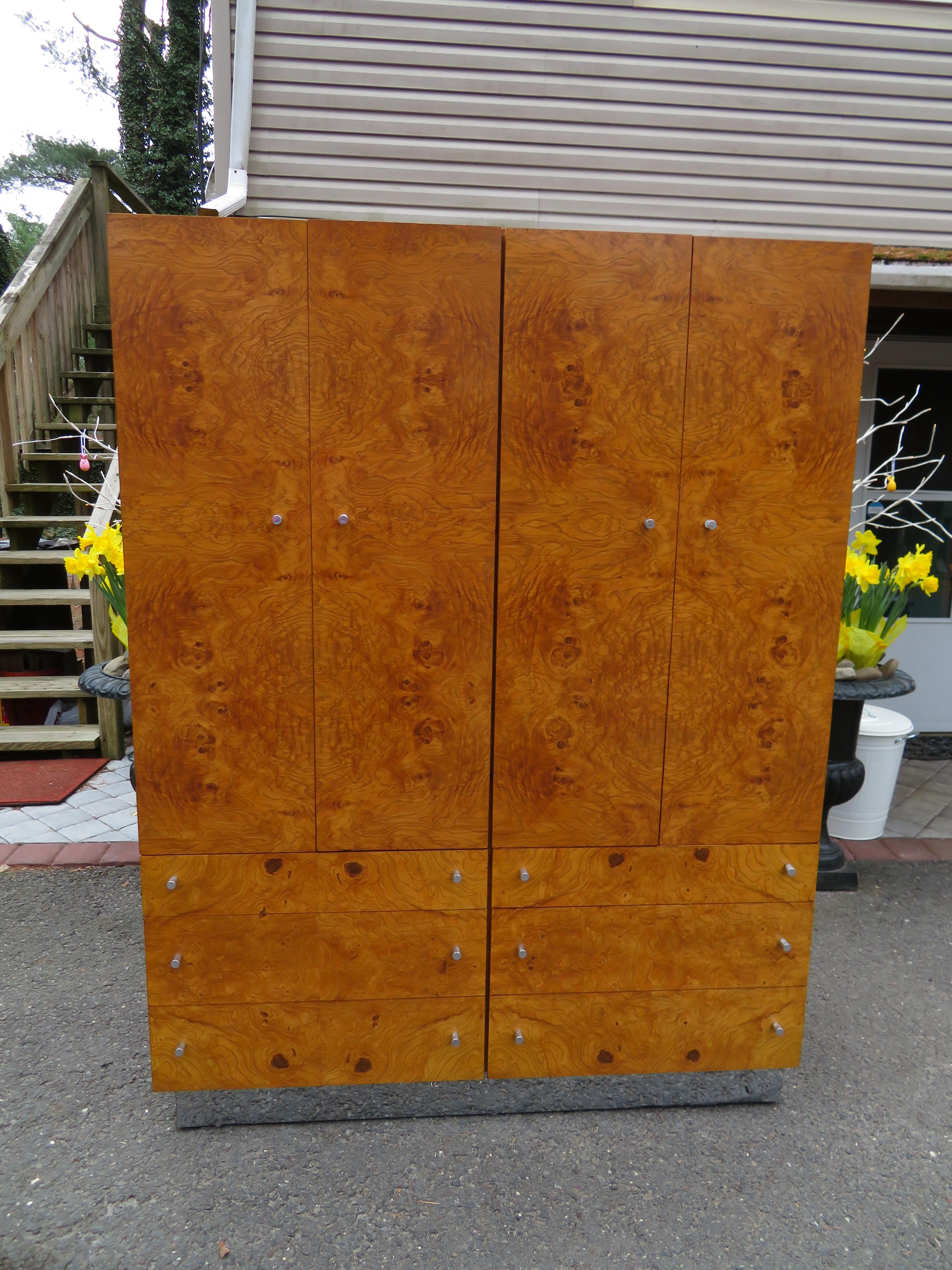 Rare Milo Baughman for Thayer Coggin burl and chrome armoire/wardrobe. This piece is very rare and hard to find, this is the 1st time we have ever had one. It is in wonderful vintage condition with only light age appropriate wear. Just look at all