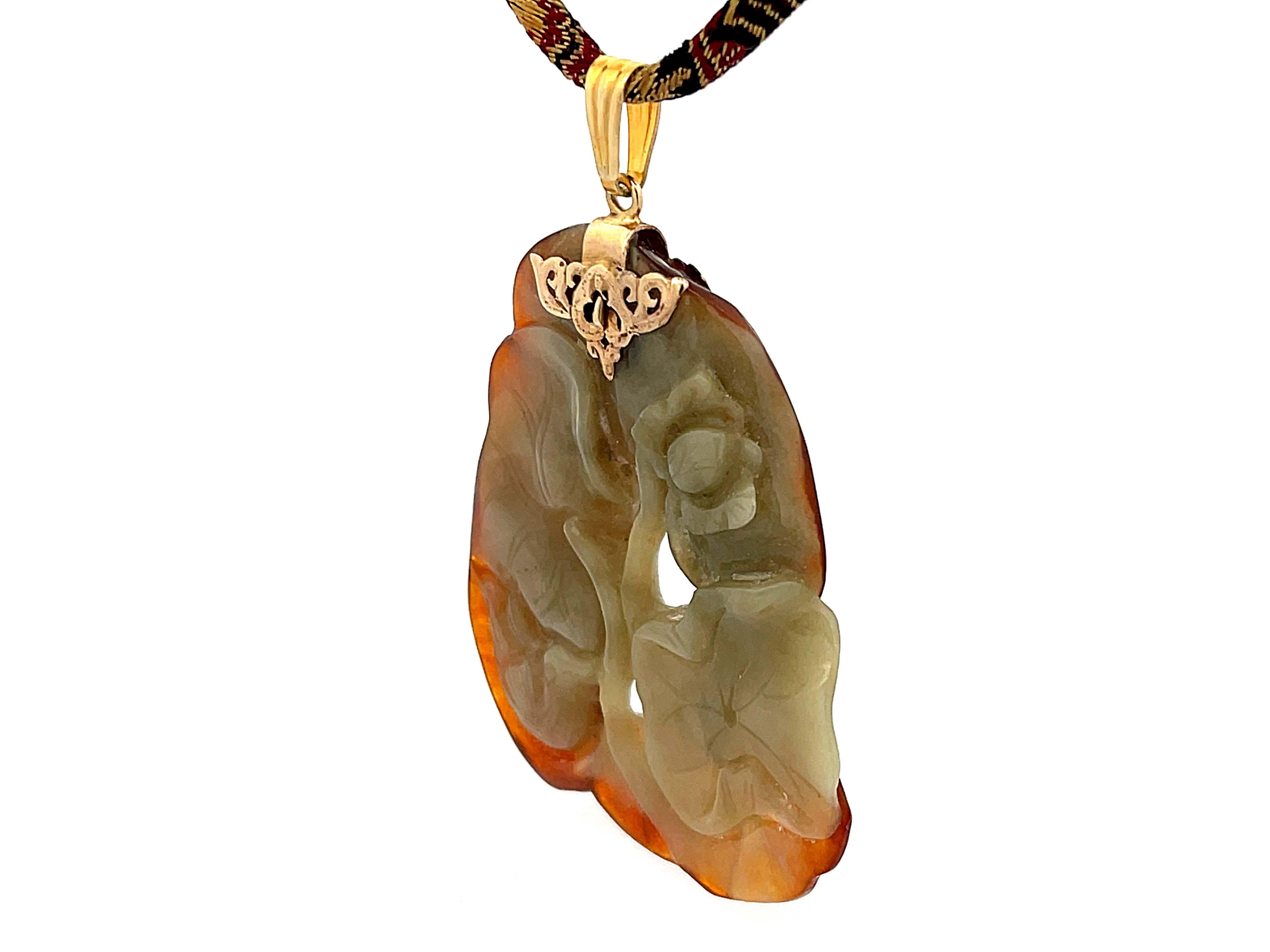 Rough Cut Rare Mings Carved Nephrite Jade Pendant and Cord in 14k Yellow Gold For Sale