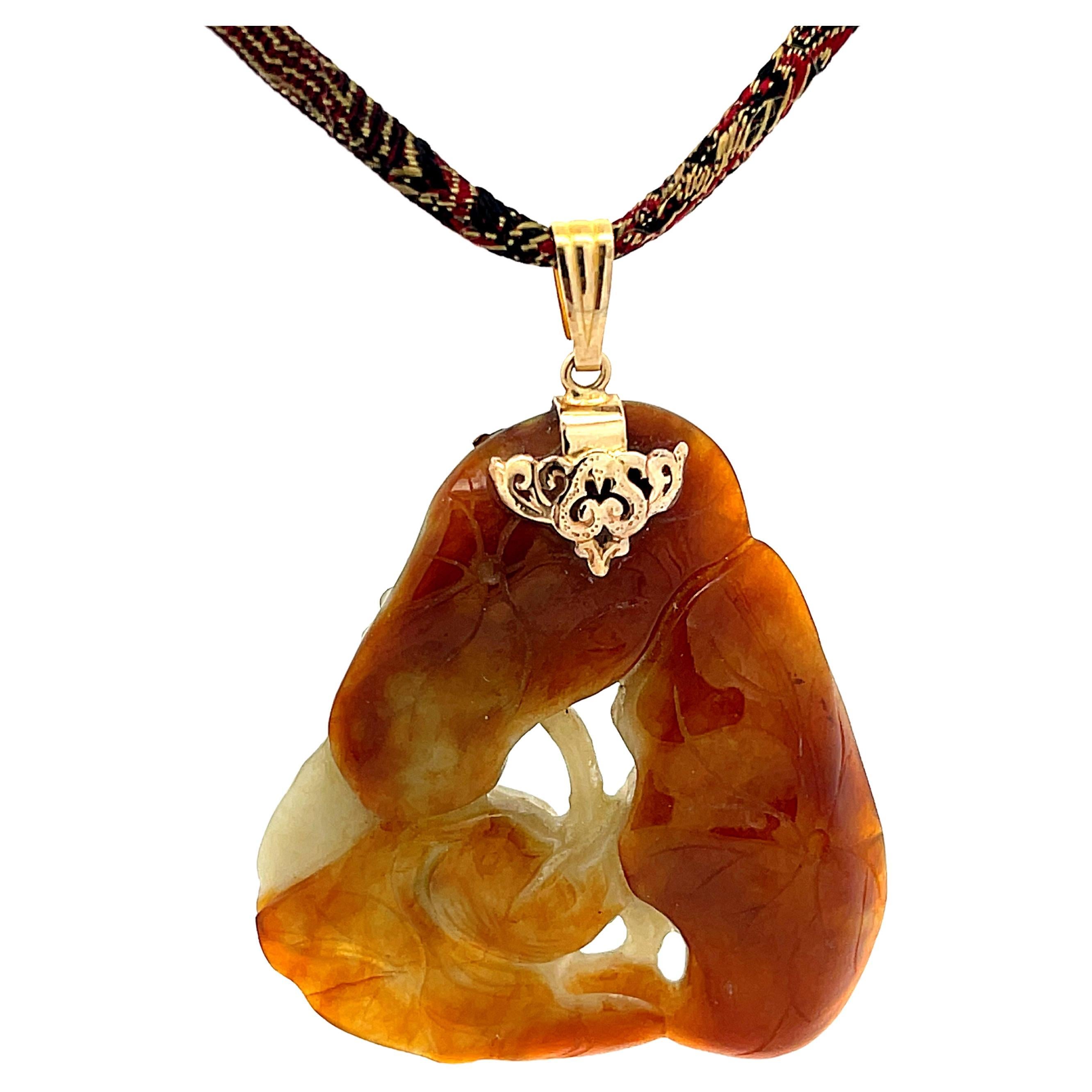 Rare Mings Carved Nephrite Jade Pendant and Cord in 14k Yellow Gold For Sale