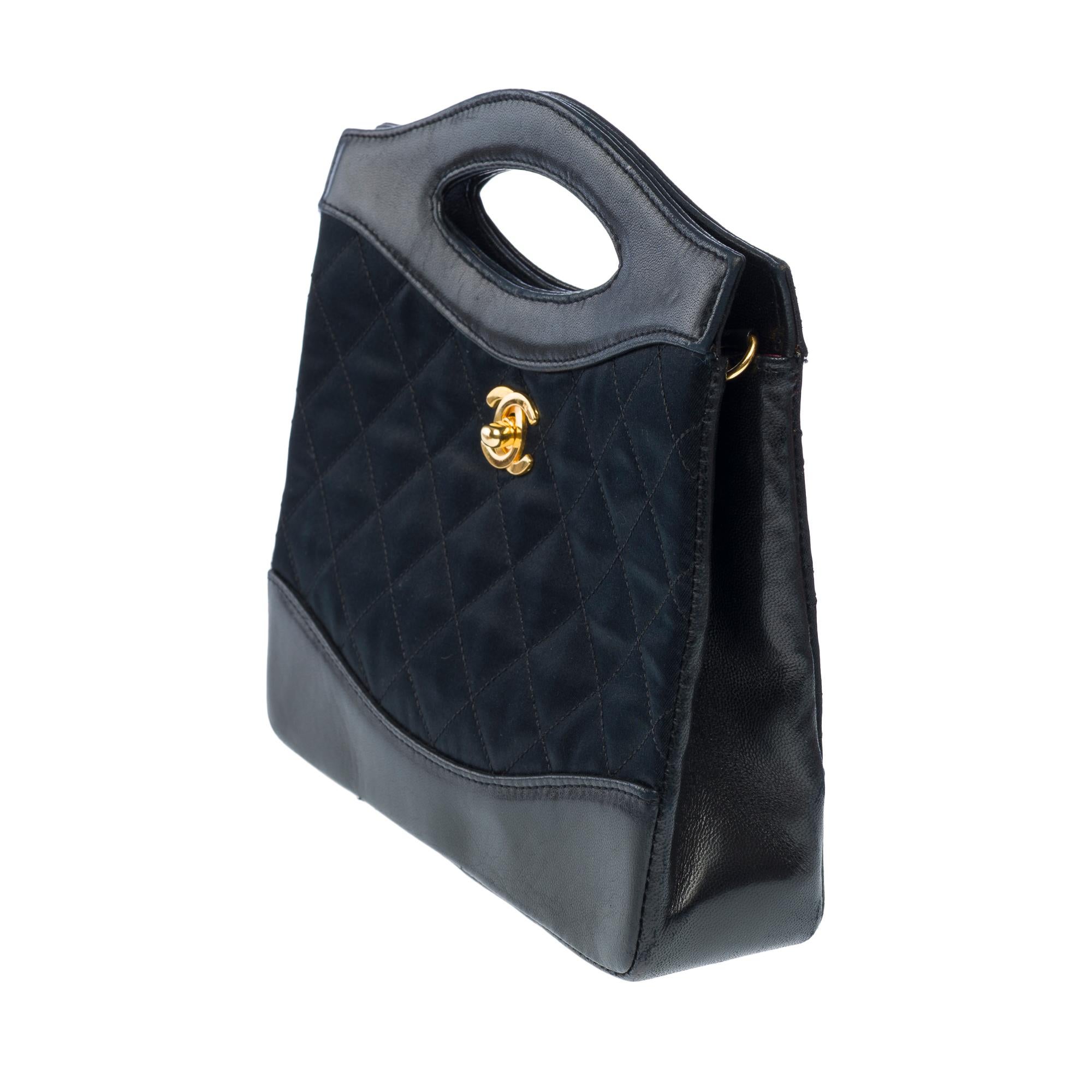 Rare Mini Chanel 31 Tote bag en satin matelassé noir et cuir noir, GHW Bon état - En vente à Paris, IDF