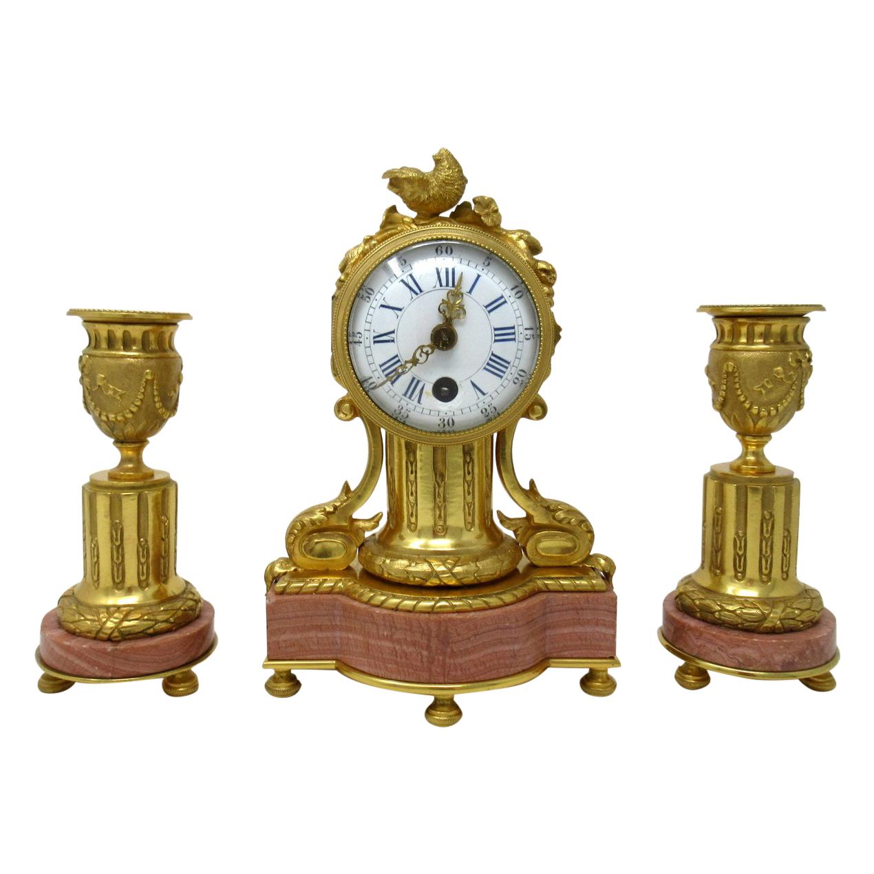 Rare Miniature French Ormolu Marble Clock Garniture, Mid-19th Century