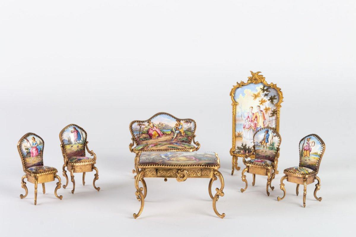 Rare Miniature Gilt Bronze and Enamel Salon 3