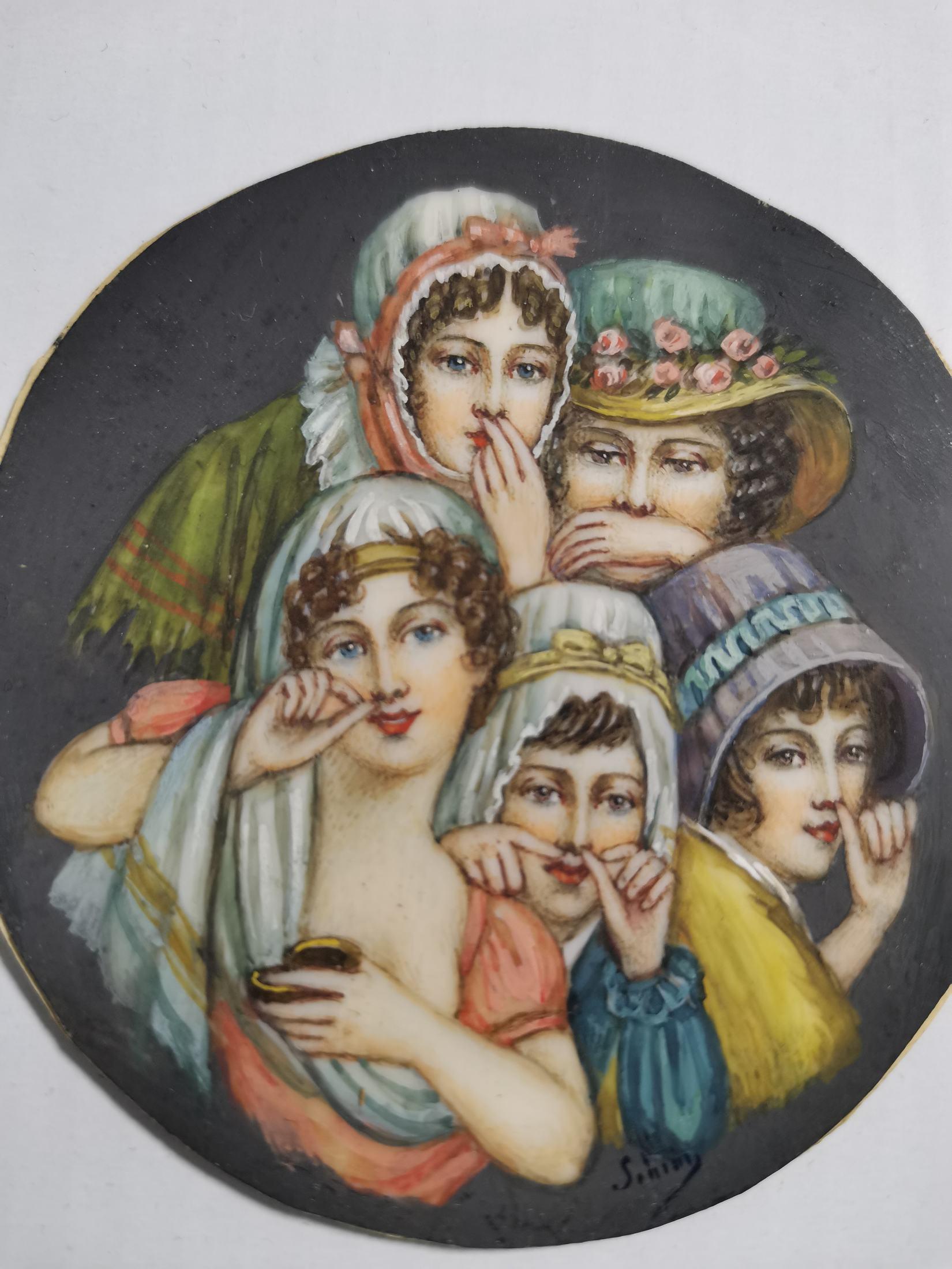 Paint Rare Miniature Girls Sniffing 19th Century
