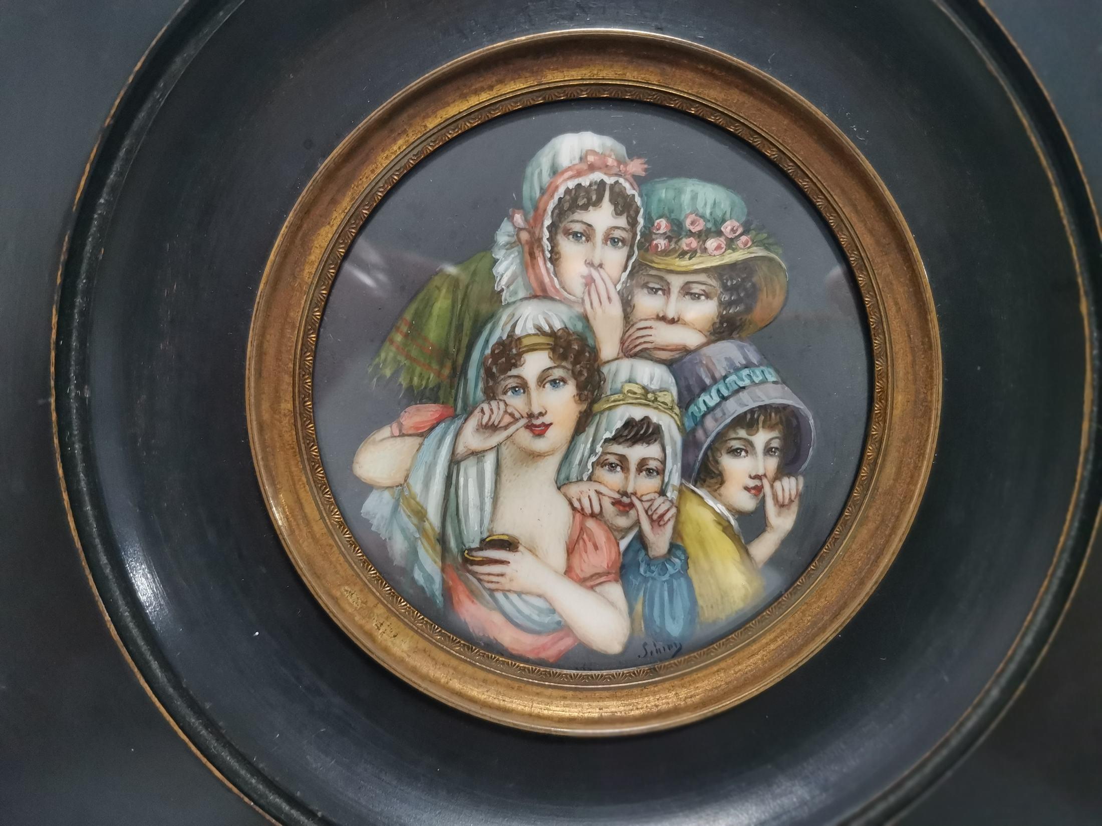 Rare Miniature oil on ivory, 
Girls sniffing 19th century
measures only painting 8 cm diameter. 
Measures with frame: 14 x 14 cm. 
Perfect condition.