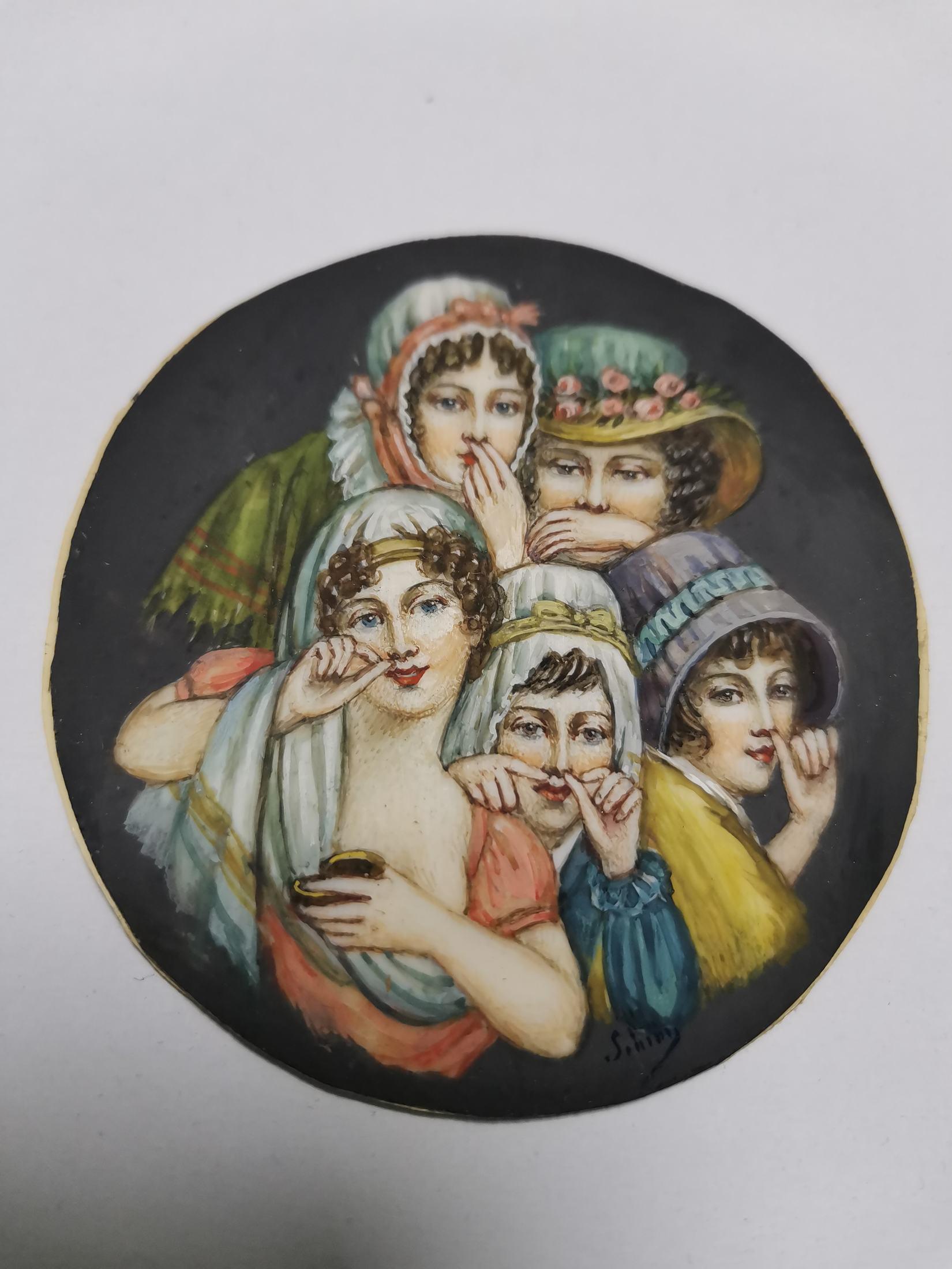 Oiled Rare Miniature Girls Sniffing 19th Century