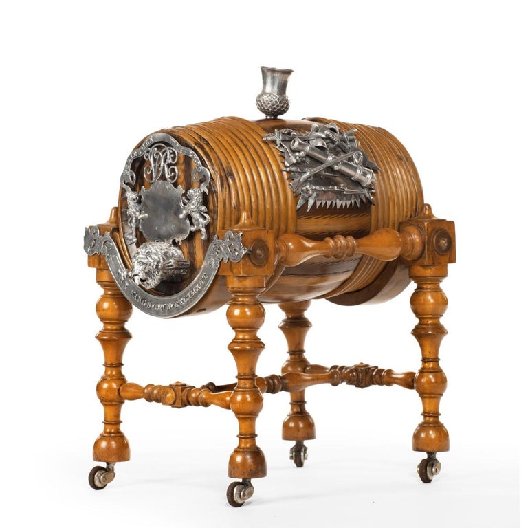 Rare Miniature Scottish Regimental Whiskey Barrel with Silver Mounts