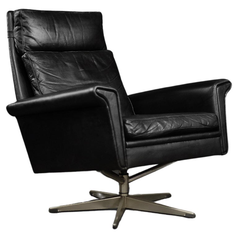 Rare Minimalist Vintage Mid-Century Danish Modern Black Leather Swivel ...