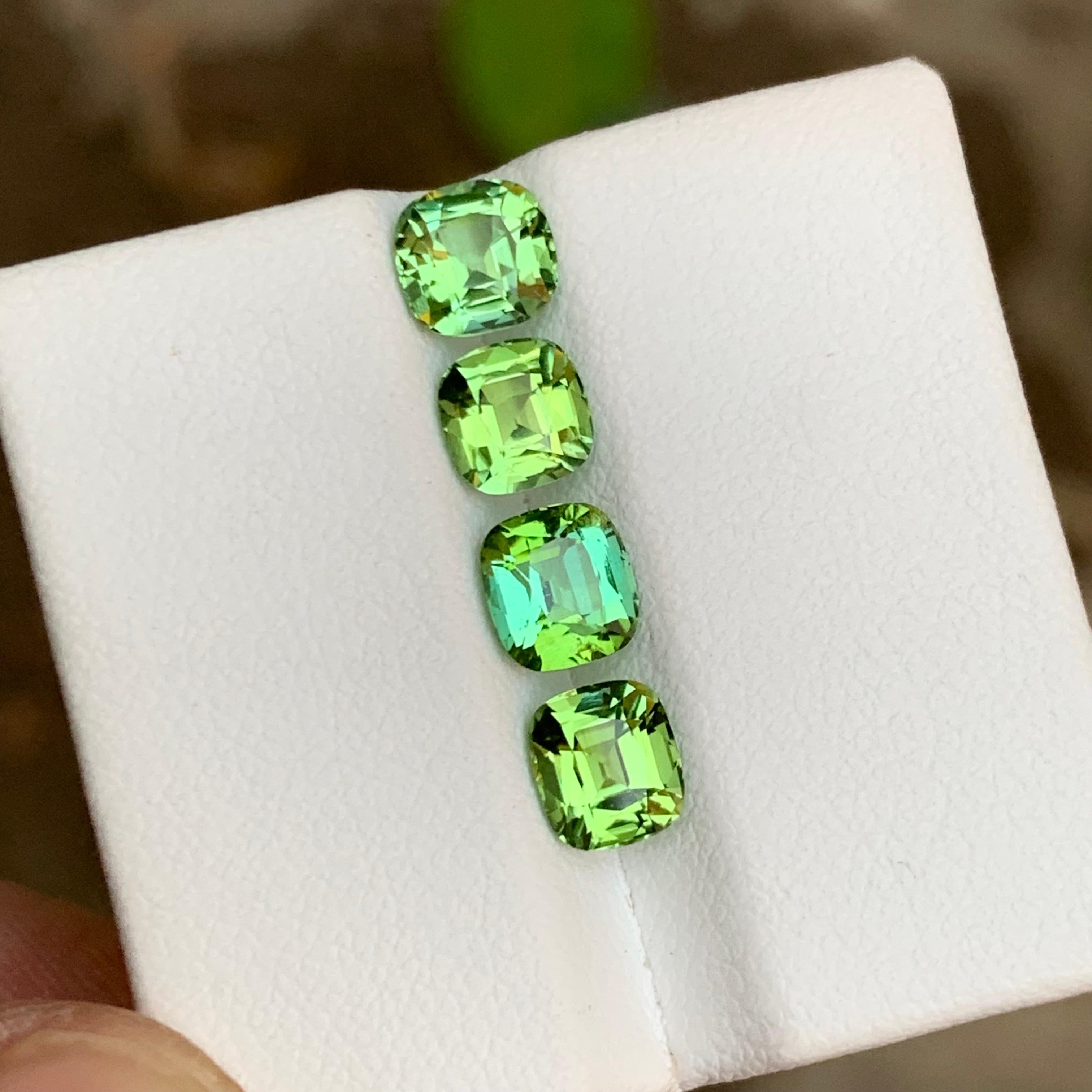 GEMSTONE TYPE: Tourmaline
PIECE(S): 4
WEIGHT: 3.50 Carats
SHAPE: Cushion
SIZE (MM): 
1. 0.85 Carat: 5.70 x 5.56 x 3.83
2. 0.85 Carat: 5.45 x 5.28 x 3.96
3. 0.95 Carat: 5.82 x 5.36 x 4.11
4. 0.85 Carat: 5.79 x 5.15 x 3.79
COLOR: Mint Green
CLARITY: