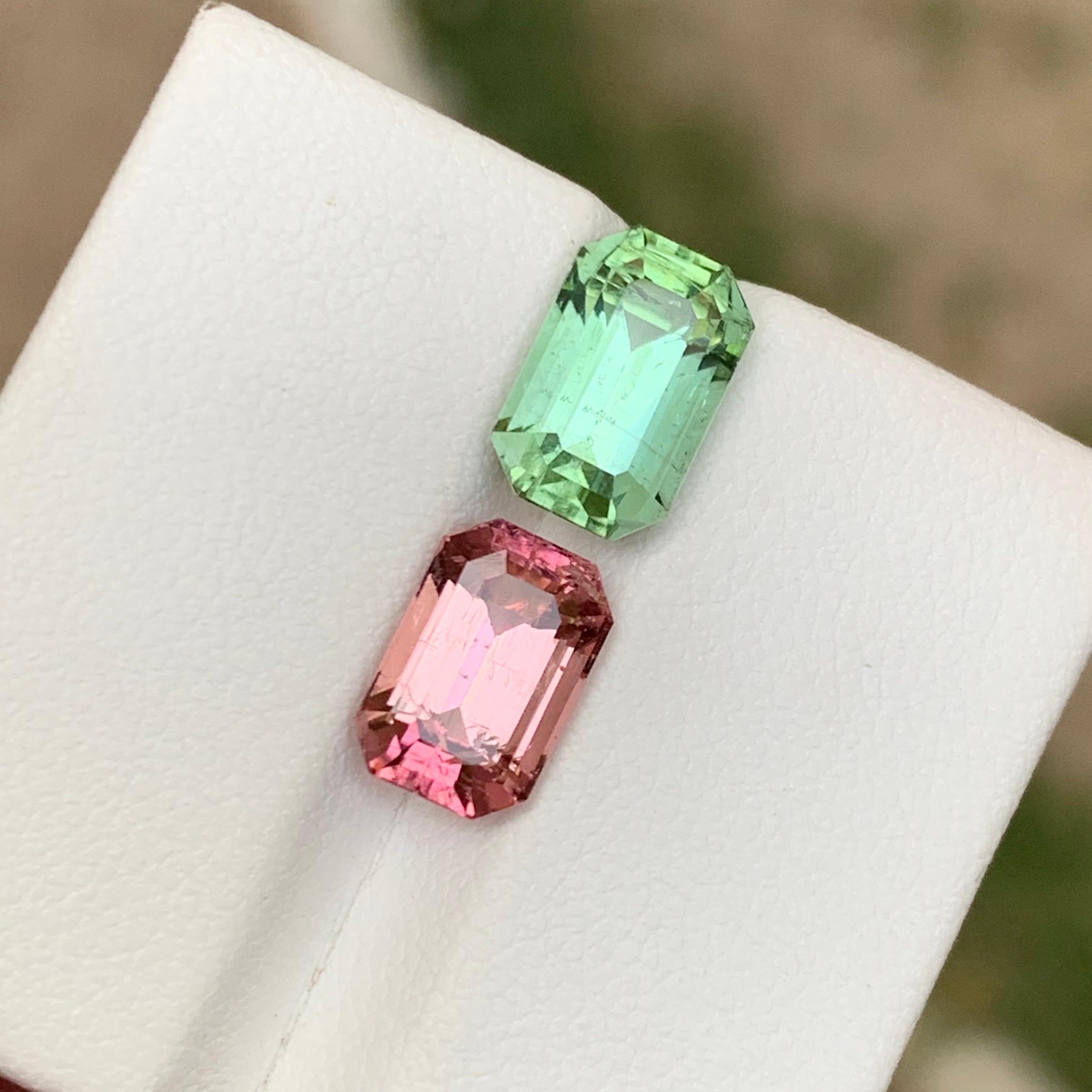 Rare Mint Green & Pink Natural Tourmaline Gemstones, 5.60 Ct Emerald Cut-Jewelry For Sale 5