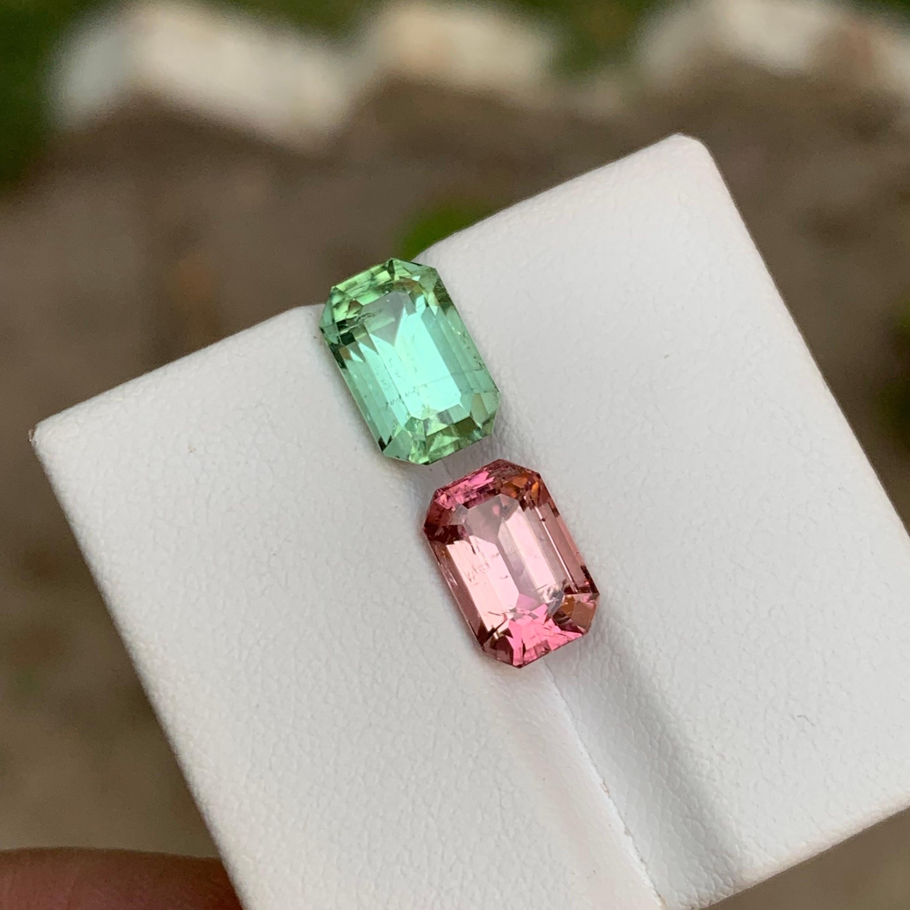 Rare Mint Green & Pink Natural Tourmaline Gemstones, 5.60 Ct Emerald Cut-Jewelry For Sale 6