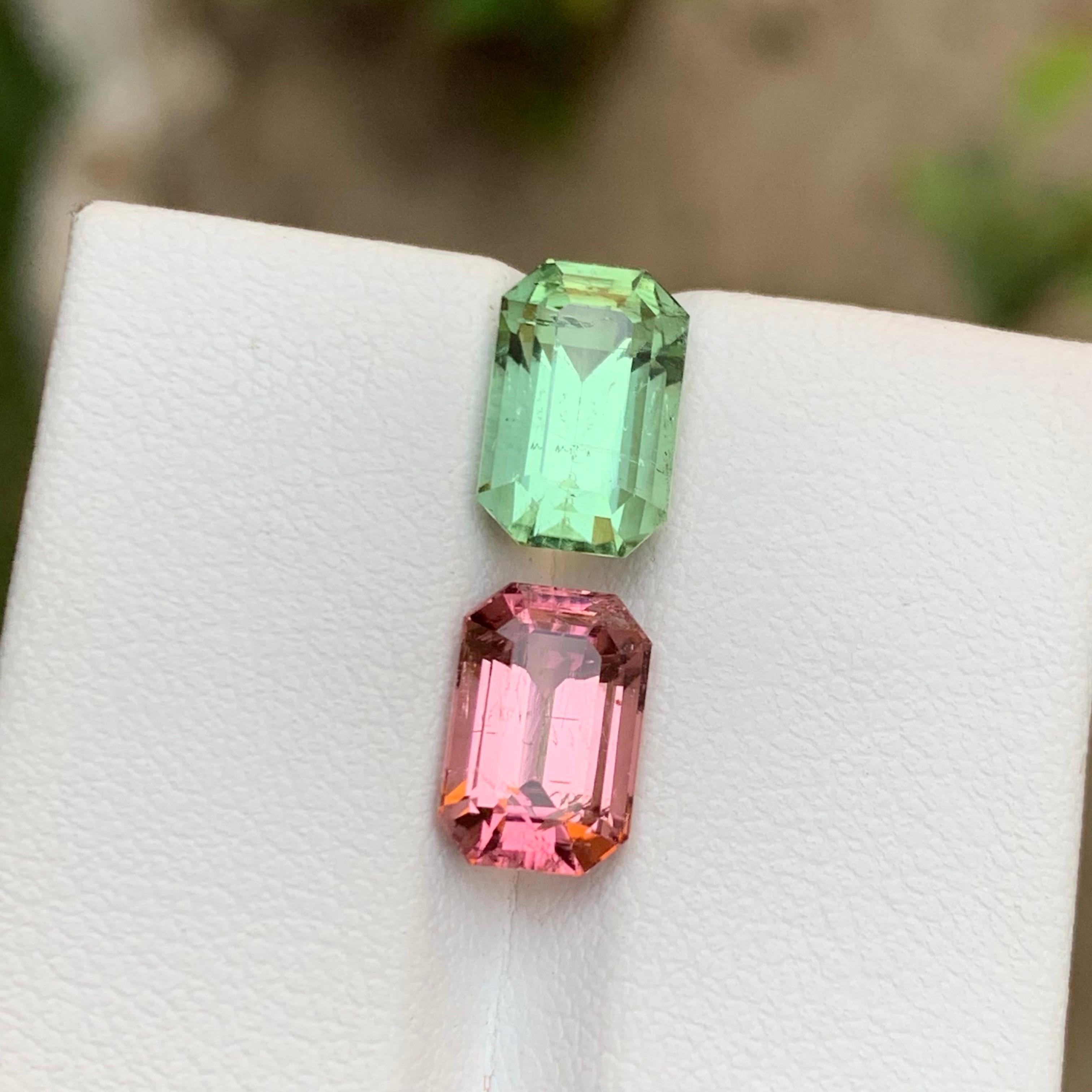 GEMSTONE TYPE: Tourmaline
PIECE(S): 2
WEIGHT: 5.60 Carats
SHAPE: Step Emerald 
SIZE (MM): 
Mint Green 3.25 Carat: 9.92 x 6.36 x 6.24
Pink 2.35 Carat: 9.29 x 6.22 x 5.05
COLOR: Mint Green and Pink
CLARITY: Slightly included, with minor inclusions