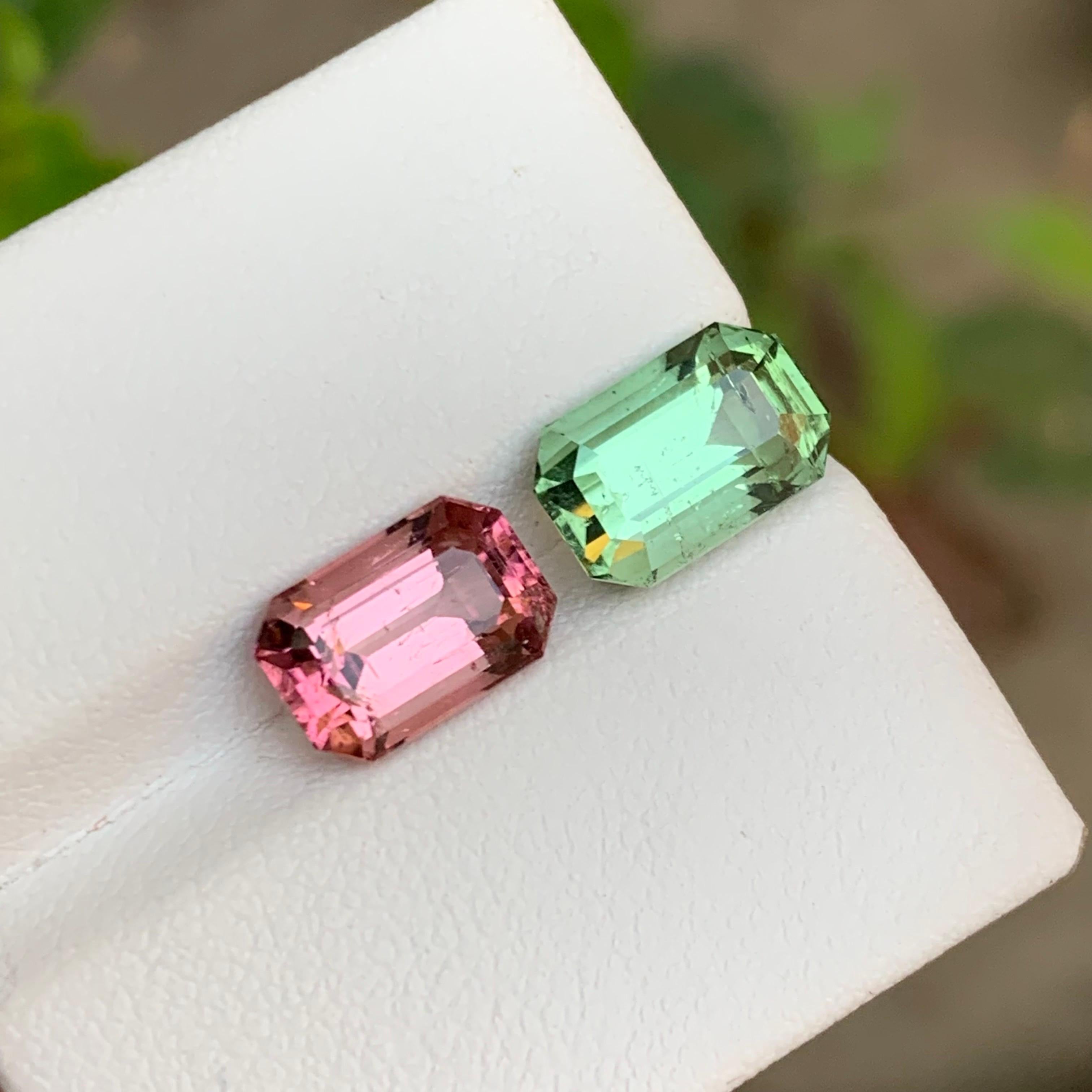Contemporary Rare Mint Green & Pink Natural Tourmaline Gemstones, 5.60 Ct Emerald Cut-Jewelry For Sale