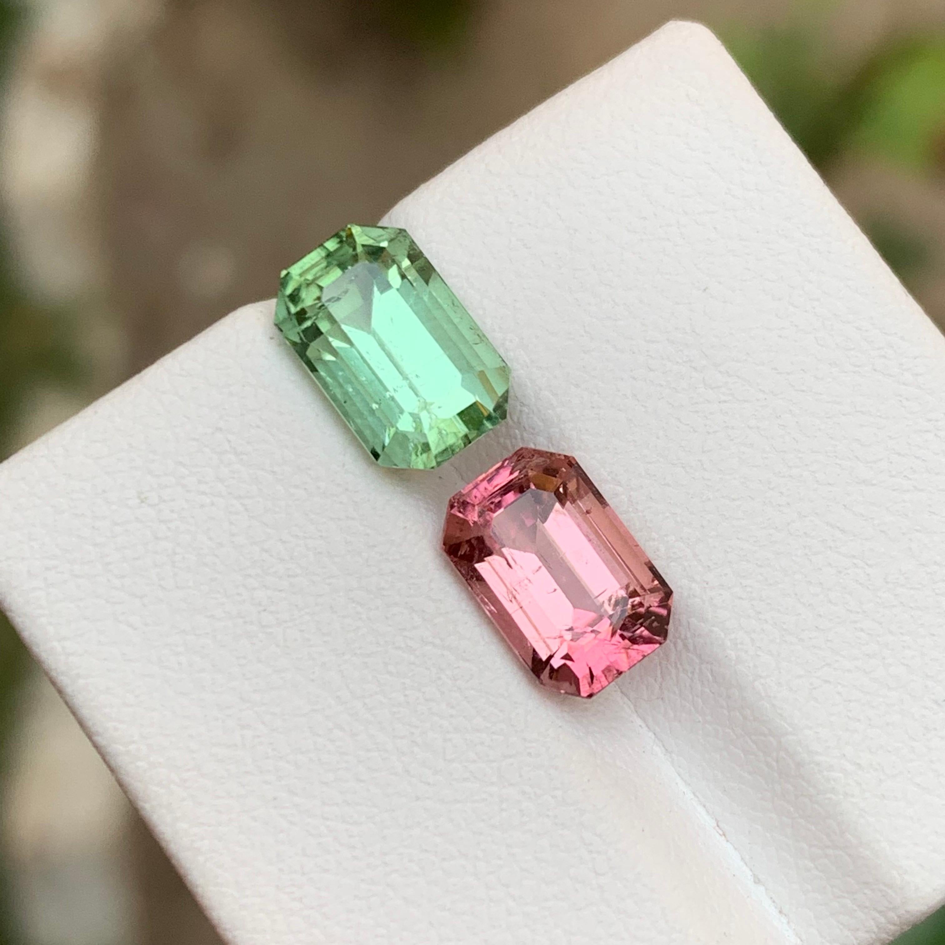 Rare Mint Green & Pink Natural Tourmaline Gemstones, 5.60 Ct Emerald Cut-Jewelry In New Condition For Sale In Peshawar, PK