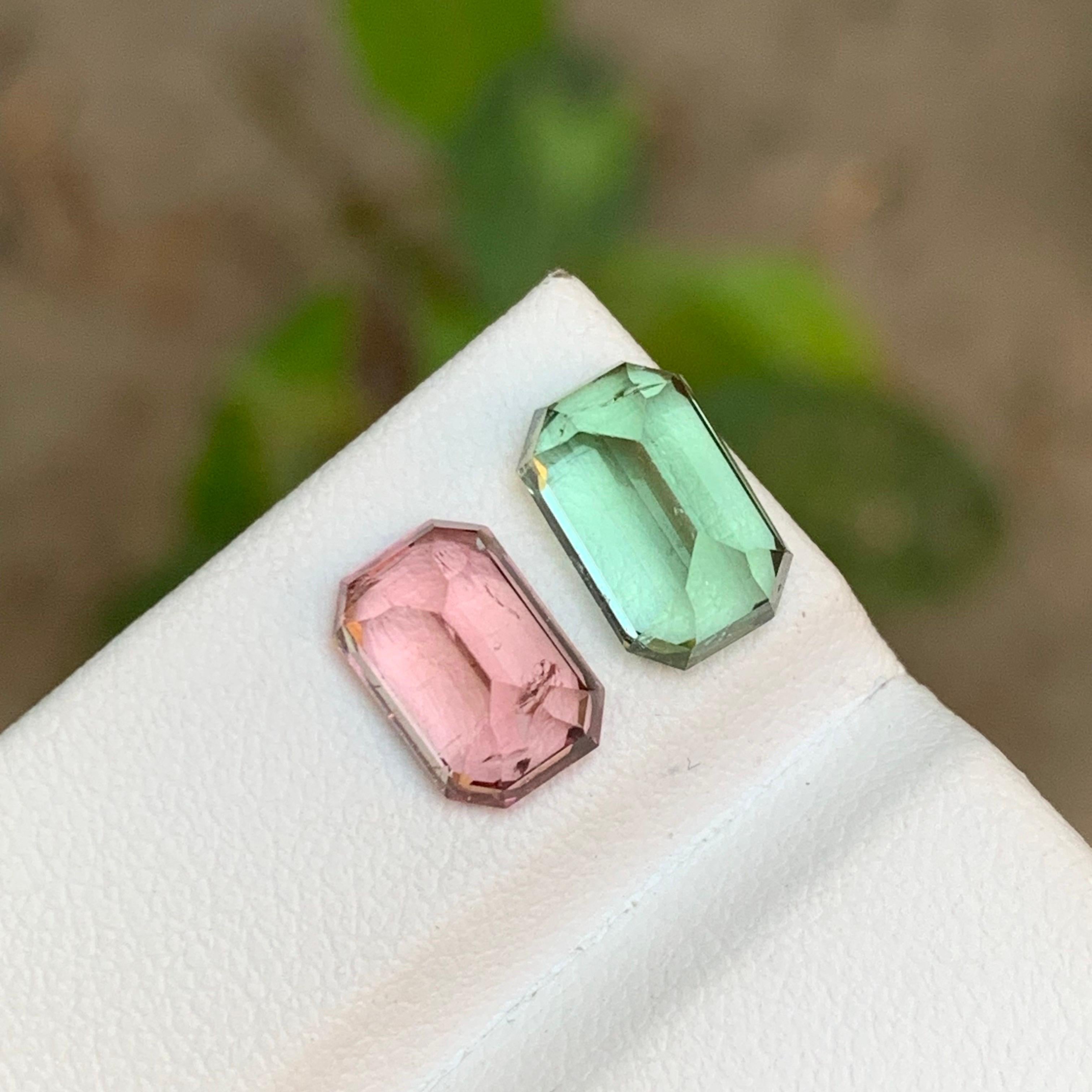 Women's or Men's Rare Mint Green & Pink Natural Tourmaline Gemstones, 5.60 Ct Emerald Cut-Jewelry For Sale