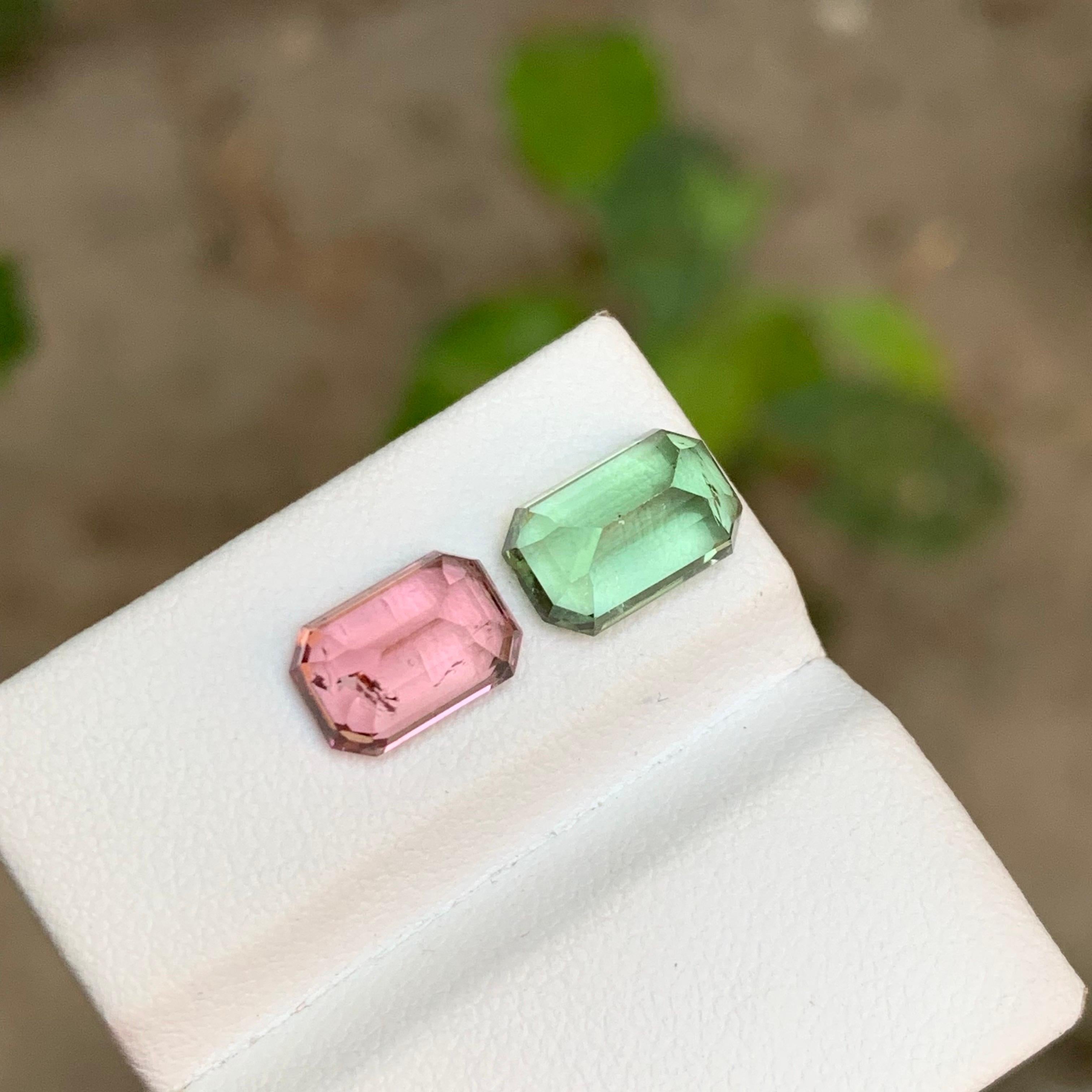 Rare Mint Green & Pink Natural Tourmaline Gemstones, 5.60 Ct Emerald Cut-Jewelry For Sale 1