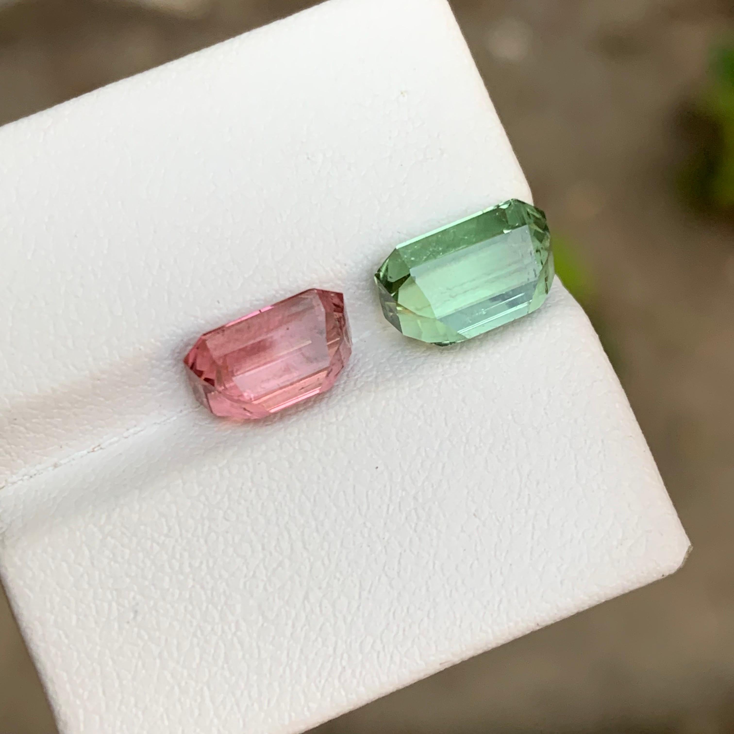 Rare Mint Green & Pink Natural Tourmaline Gemstones, 5.60 Ct Emerald Cut-Jewelry For Sale 2