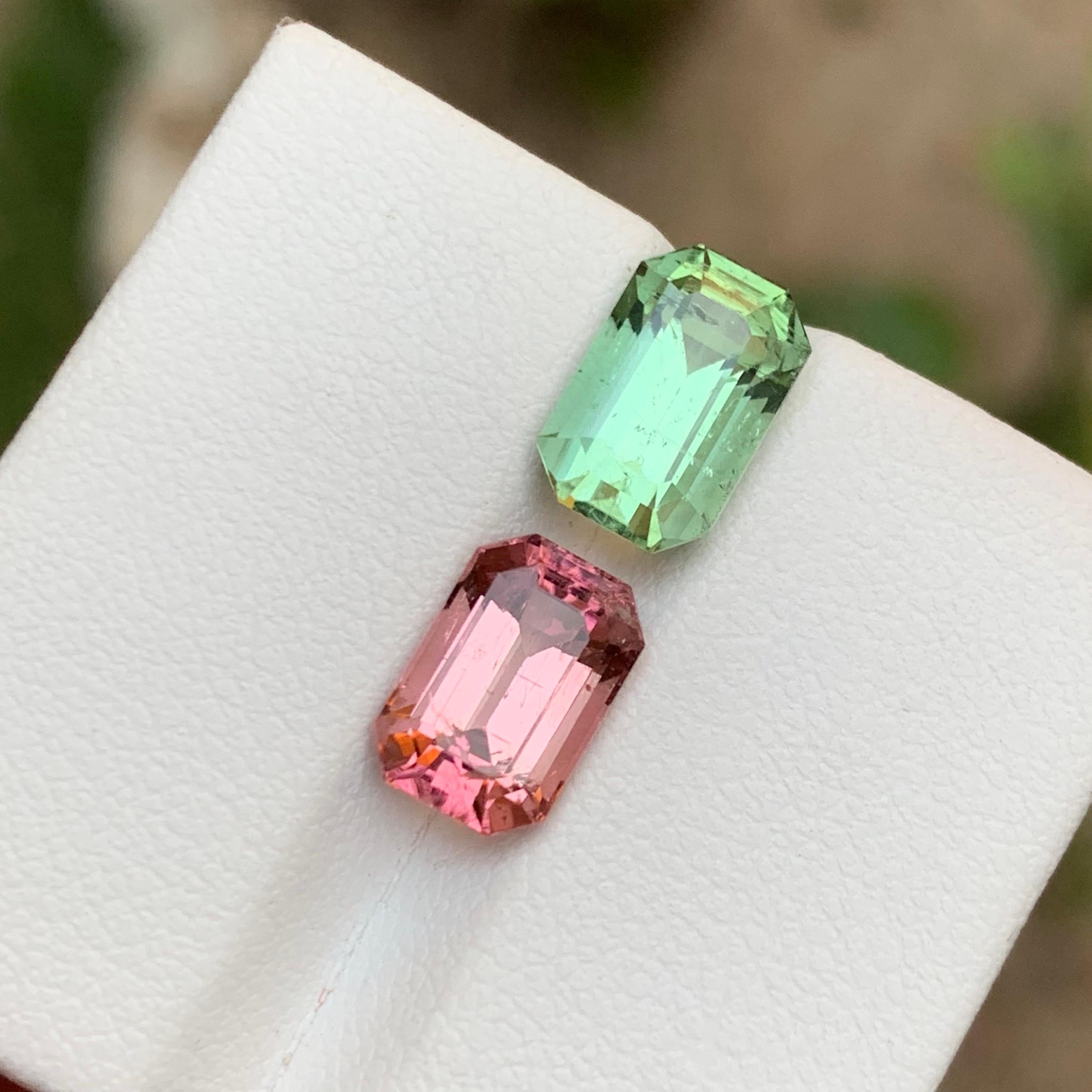 Rare Mint Green & Pink Natural Tourmaline Gemstones, 5.60 Ct Emerald Cut-Jewelry For Sale 3
