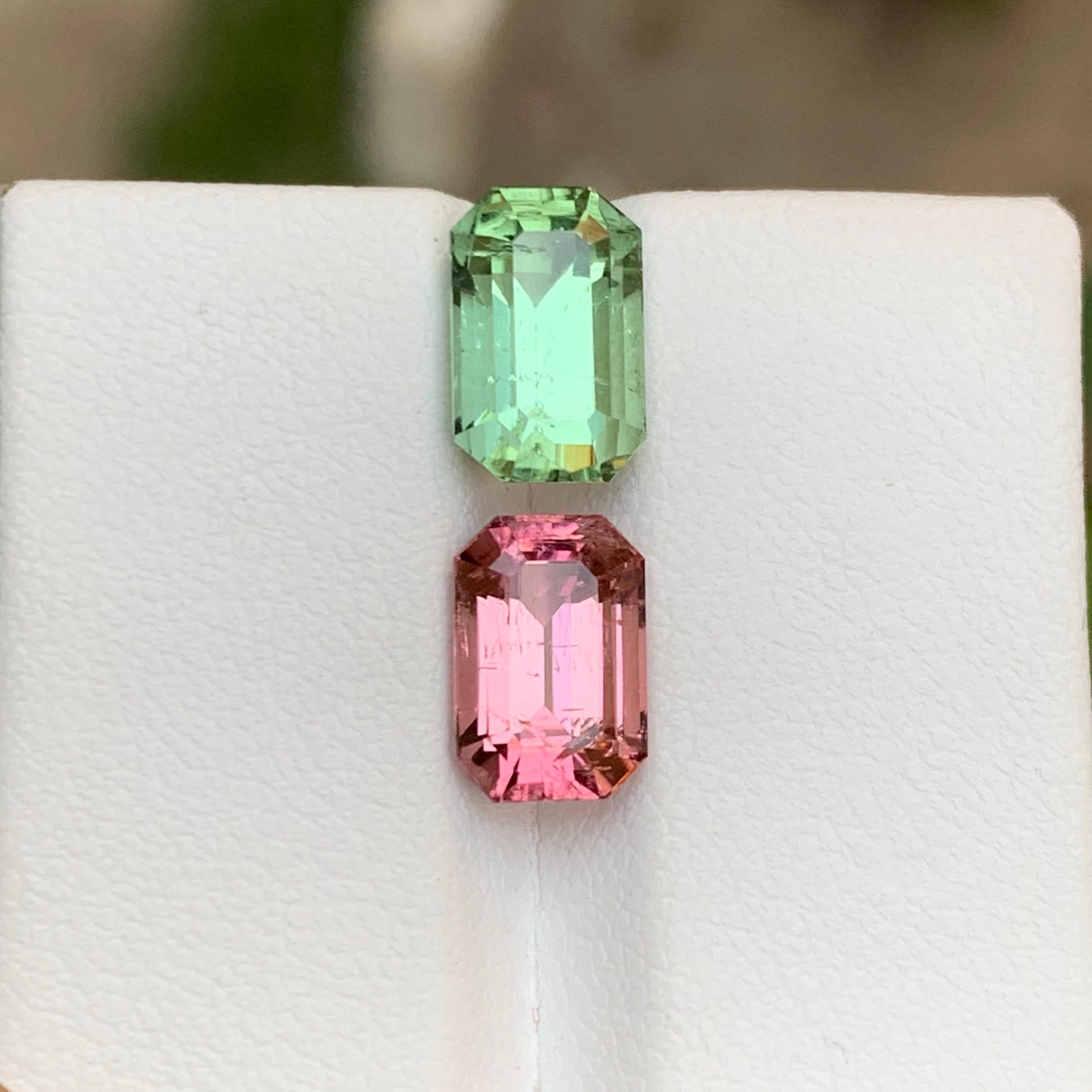 Rare Mint Green & Pink Natural Tourmaline Gemstones, 5.60 Ct Emerald Cut-Jewelry For Sale 4