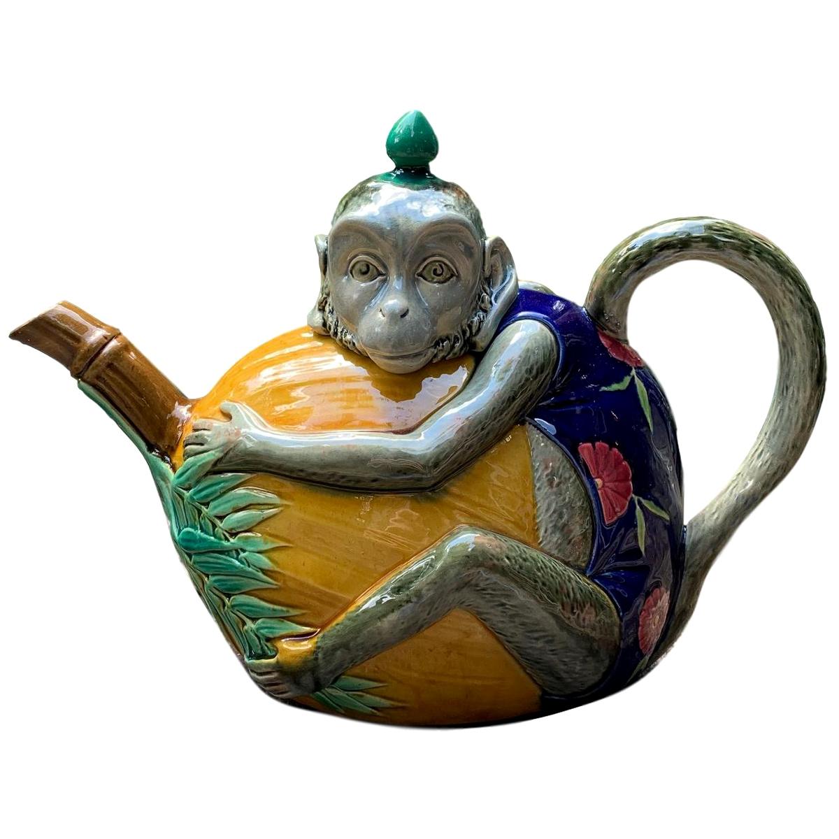 Minton Majolica Monkey Teapot, English, dated 1879