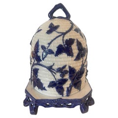 Rare Mintons Majolica Beehive Cheese Dome Stand Blue & White Victorian c1870