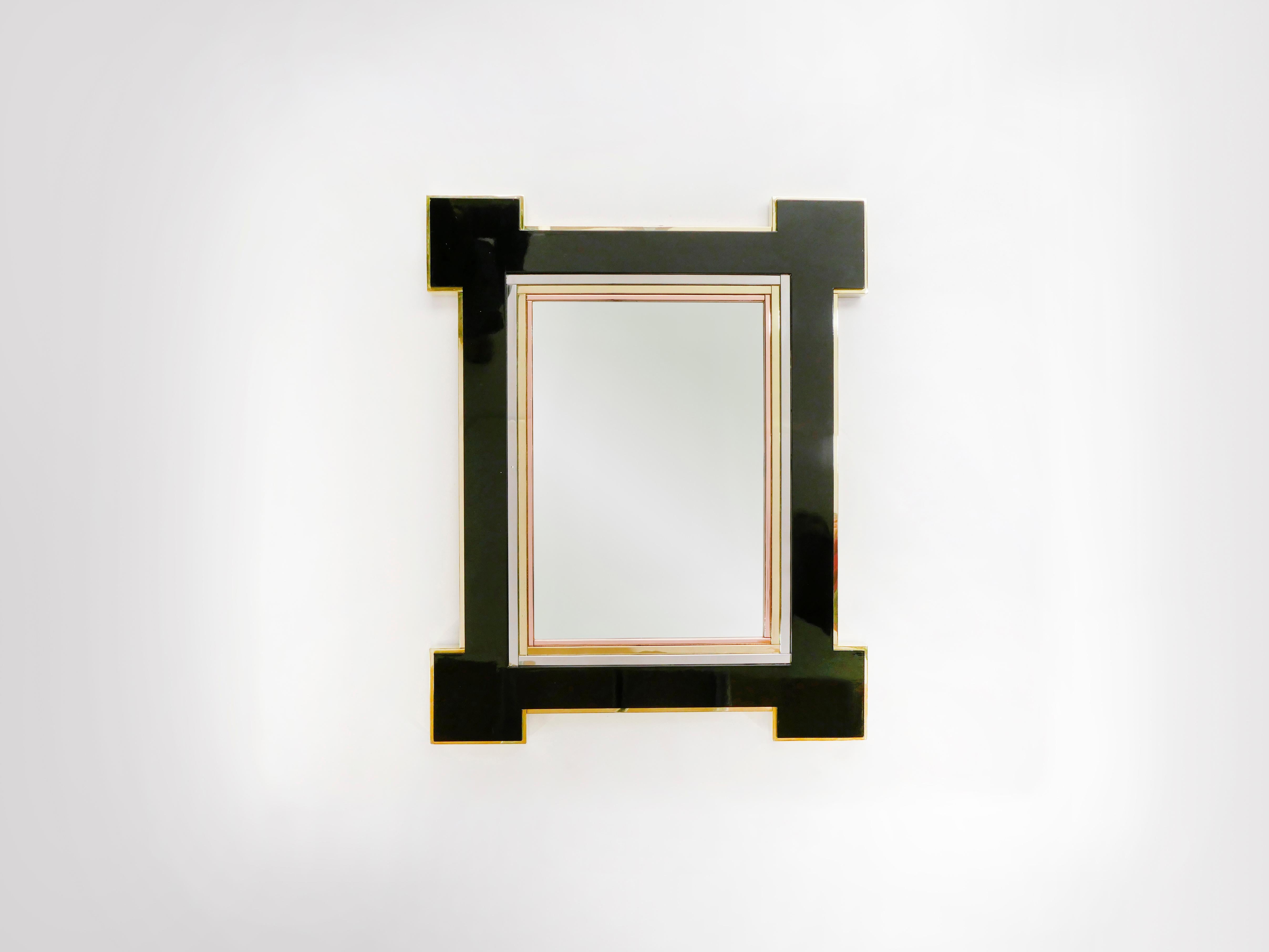 Mid-Century Modern Rare Mirror by Alain Delon for Maison Jansen Lacquer and Brass, 1975