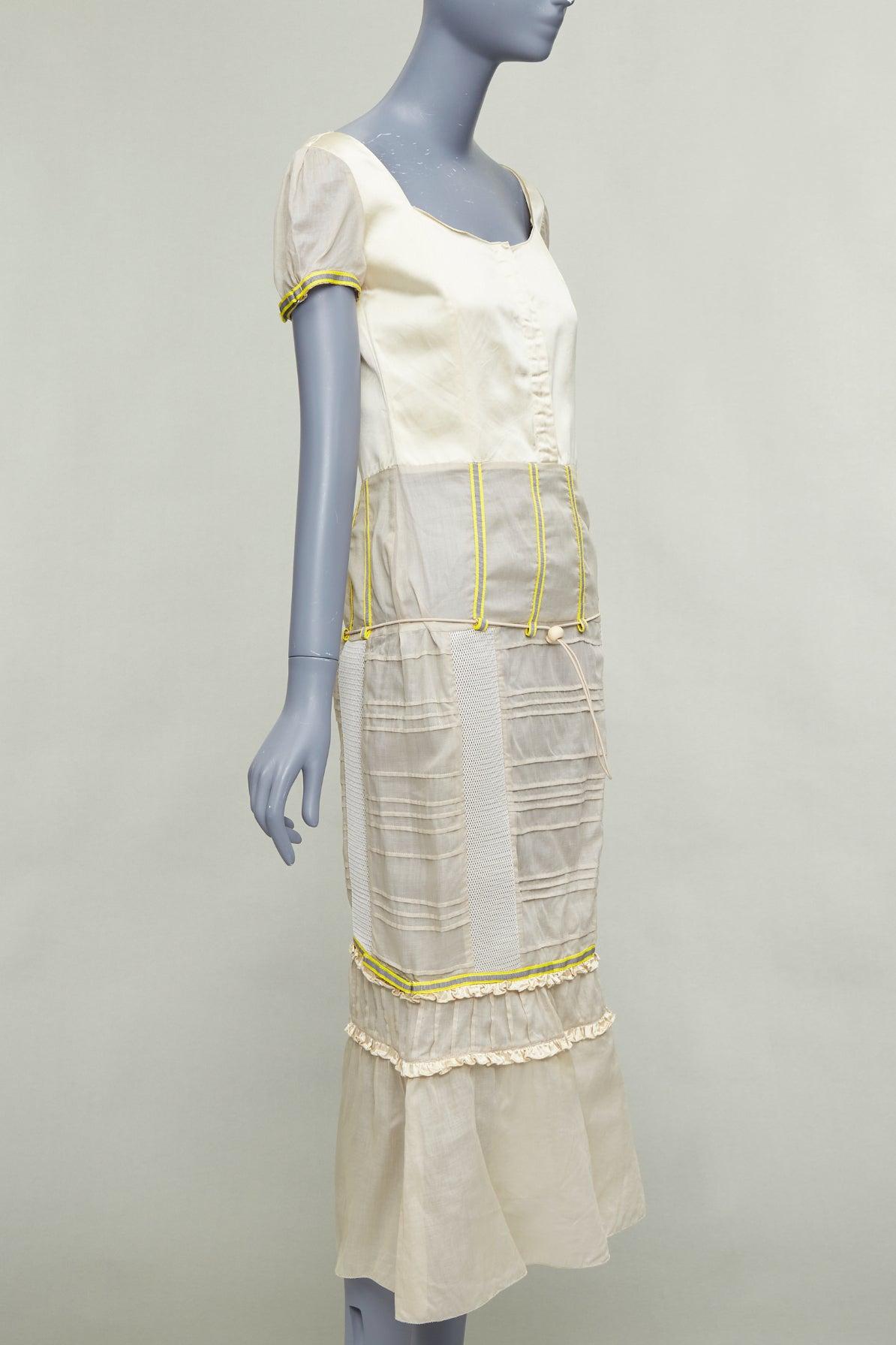 Beige raro abito MIU MIU 1999 Runway beige tecnico patchwork satin neon trim IT44 L. in vendita