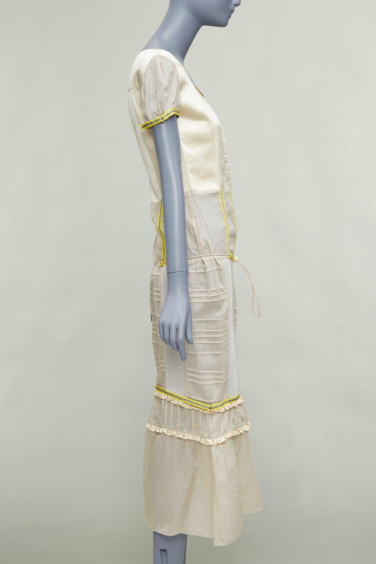 raro abito MIU MIU 1999 Runway beige tecnico patchwork satin neon trim IT44 L. In condizioni buone in vendita a Hong Kong, NT