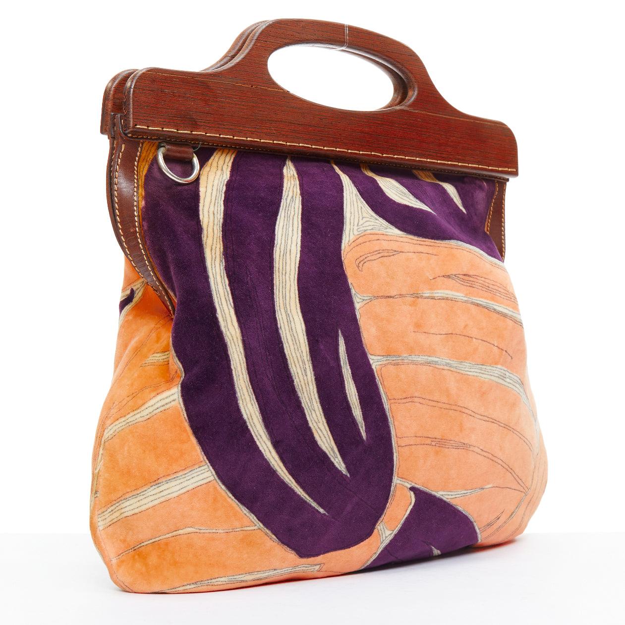 Orange rare MIU MIU 2003 Runway purple peach velour wooden frame crossbody bag For Sale