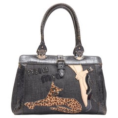 rare MIU MIU black denim leopard collage applique vintage leather trim tote bag