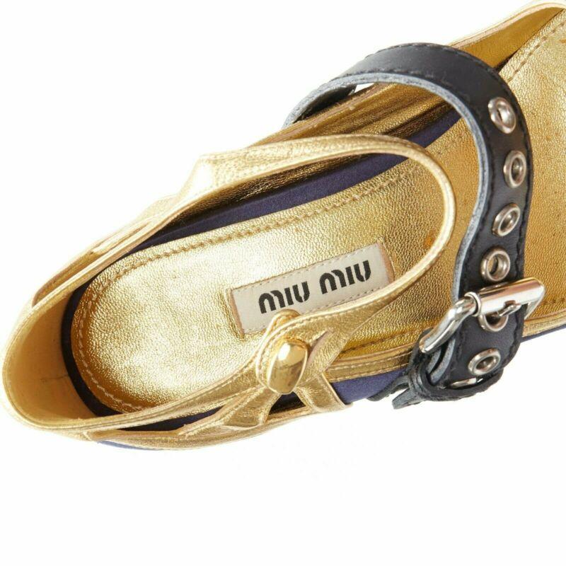 rare MIU MIU blue satin gold trim punk strap Barocco platform wedge EU34 For Sale 5